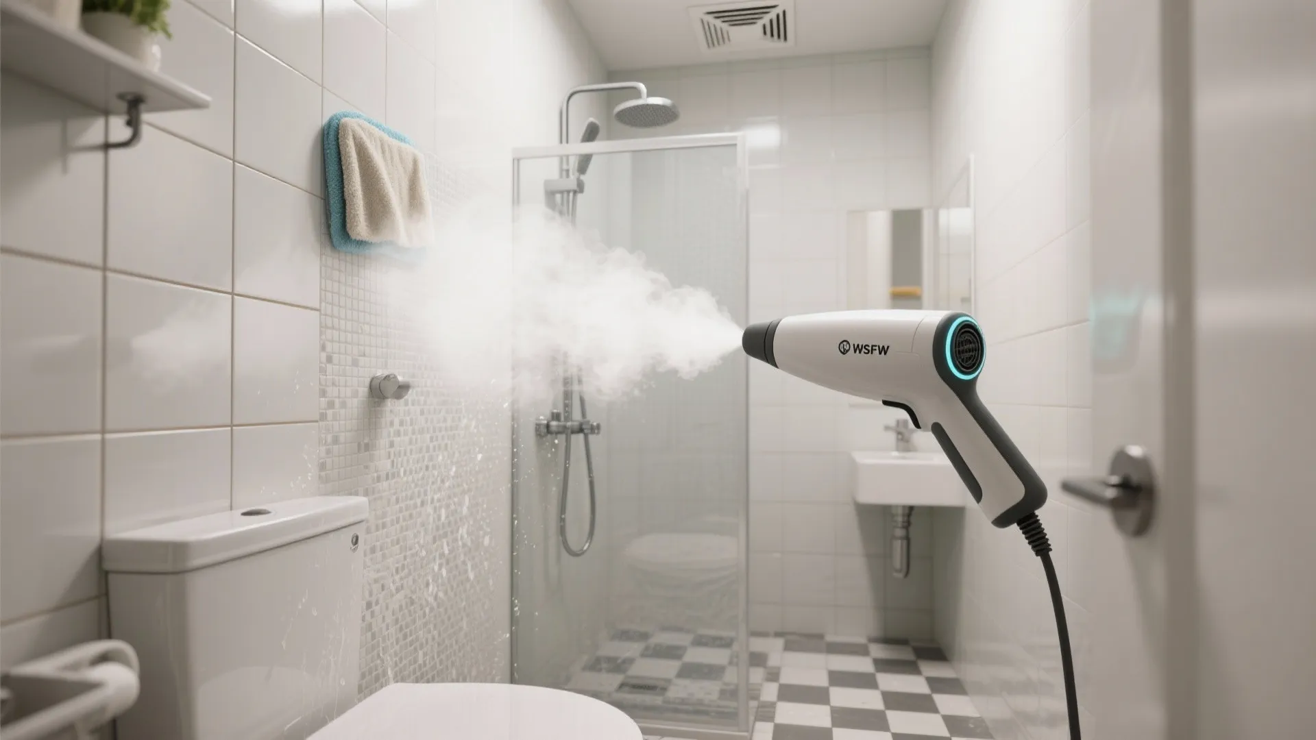 Compact steamer with microfiber bonnet cleaning textured porcelain tiles and grout in a small shower.