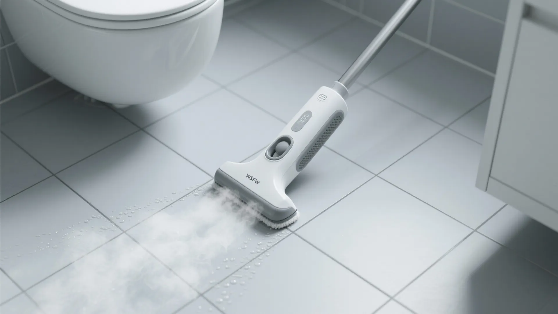 Top-down view of a steam cleaner sanitizing grout between porcelain tiles.