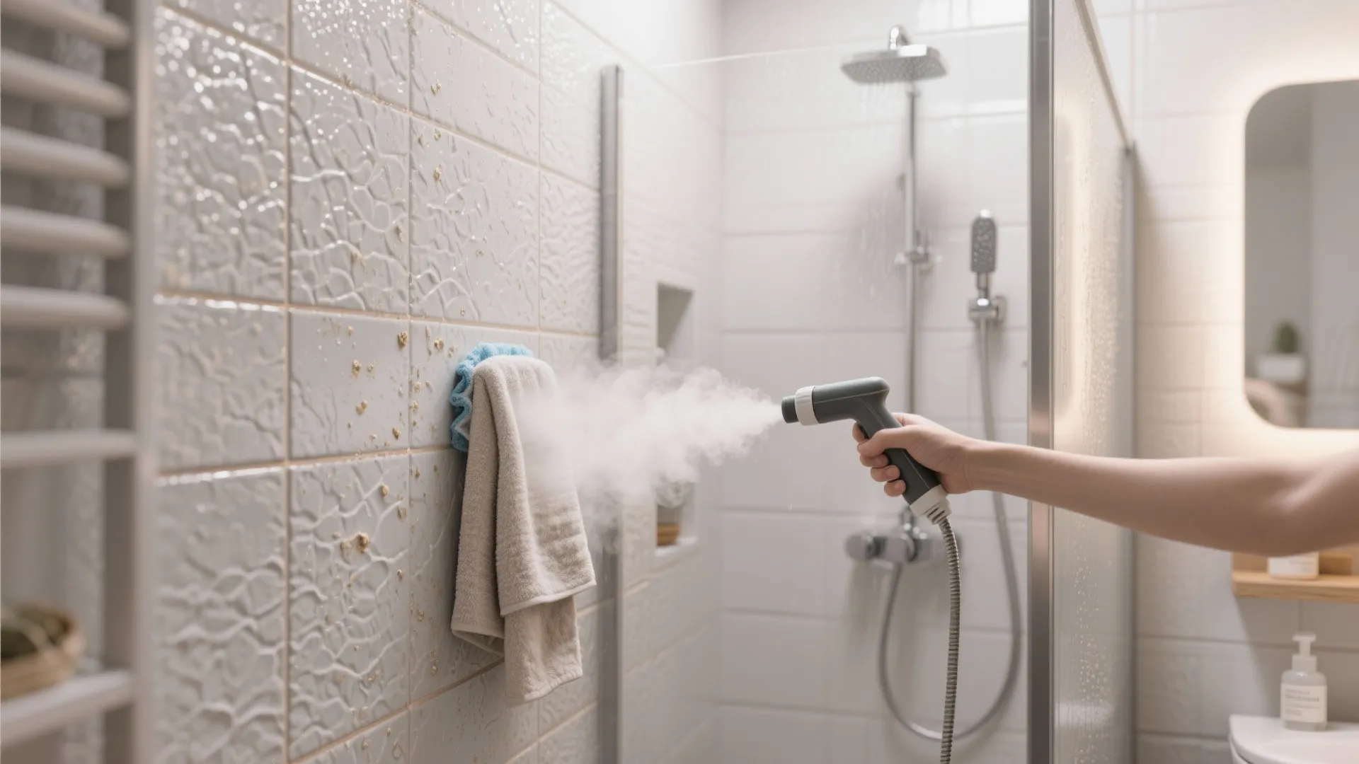 Hand holding a steam cleaner nozzle to remove dirt from textured white bathroom wall tiles
