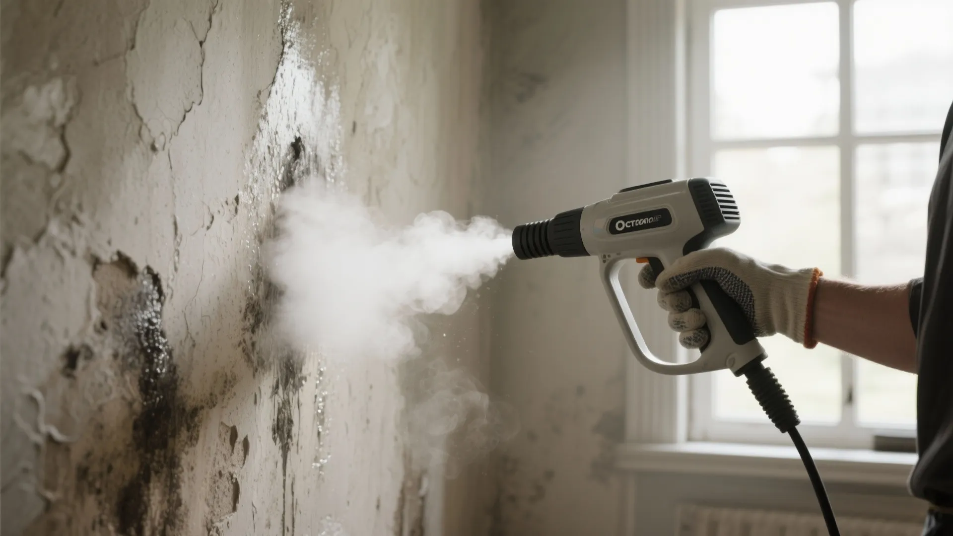 Handheld steam cleaner gently removing soot from a textured indoor wall with visible steam plume and protective gloves.