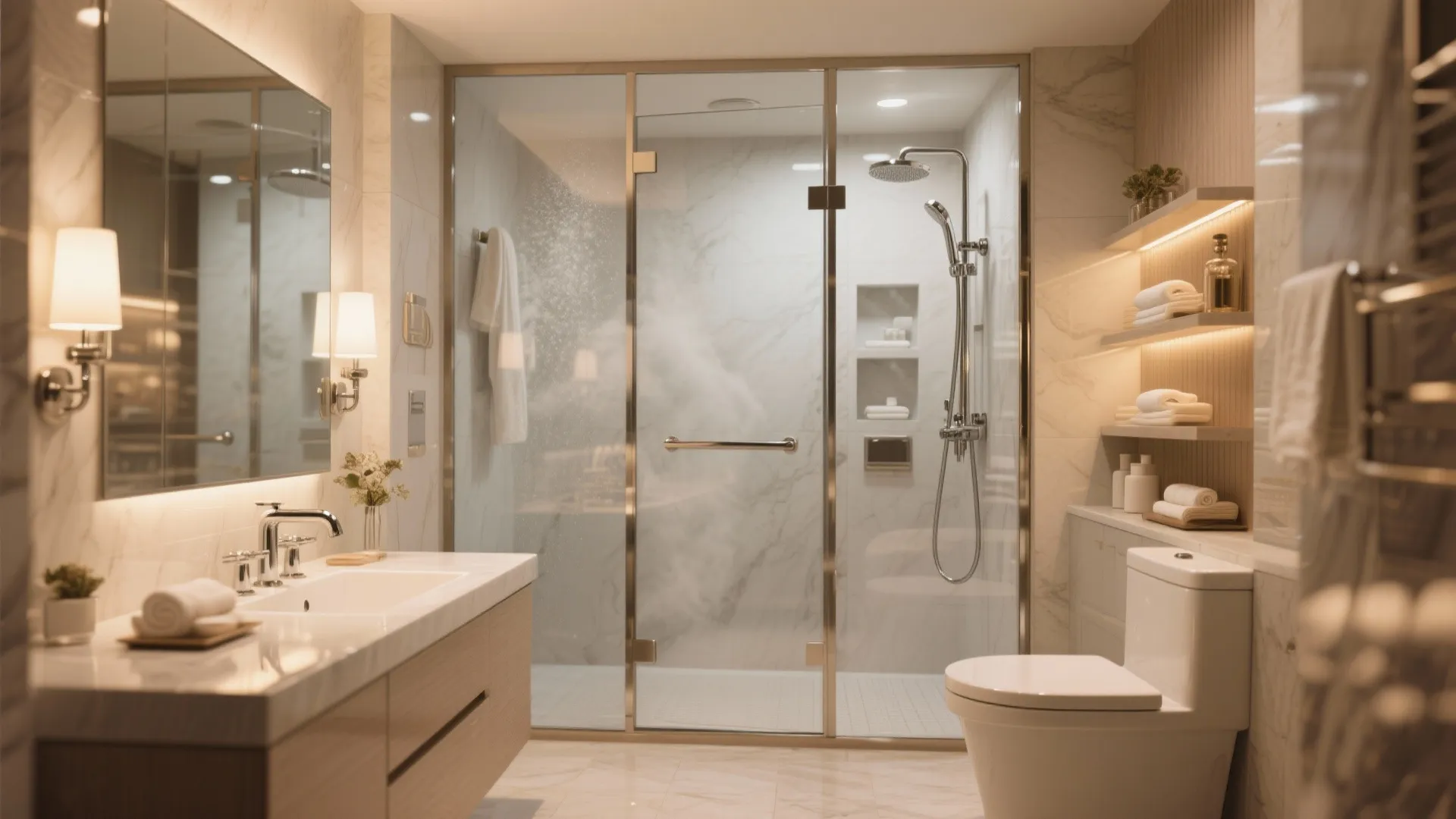 Modern bathroom with glass shower door steam wood cabinet white toilet and warm light fixture lighting