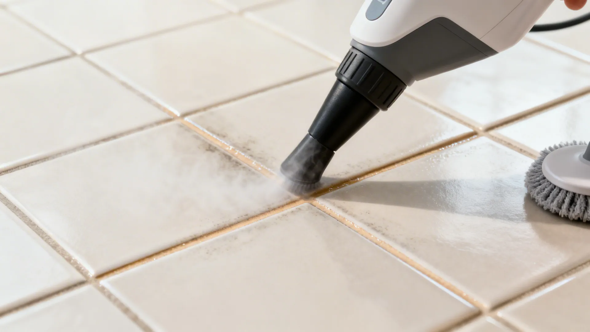 Macro of a steam nozzle cleaning grout between ceramic tiles with light vapor.