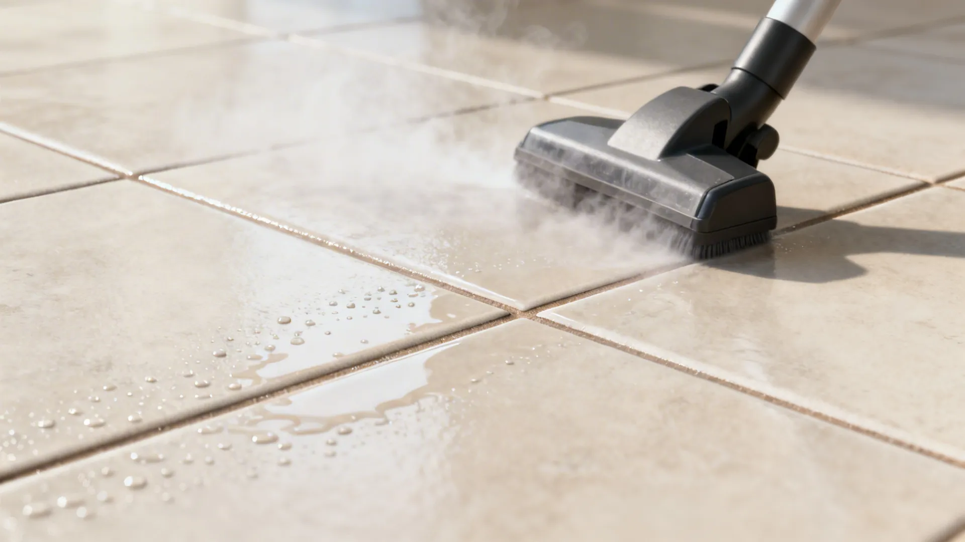 Macro view of a steam cleaner head gliding over sealed grout on porcelain tile.