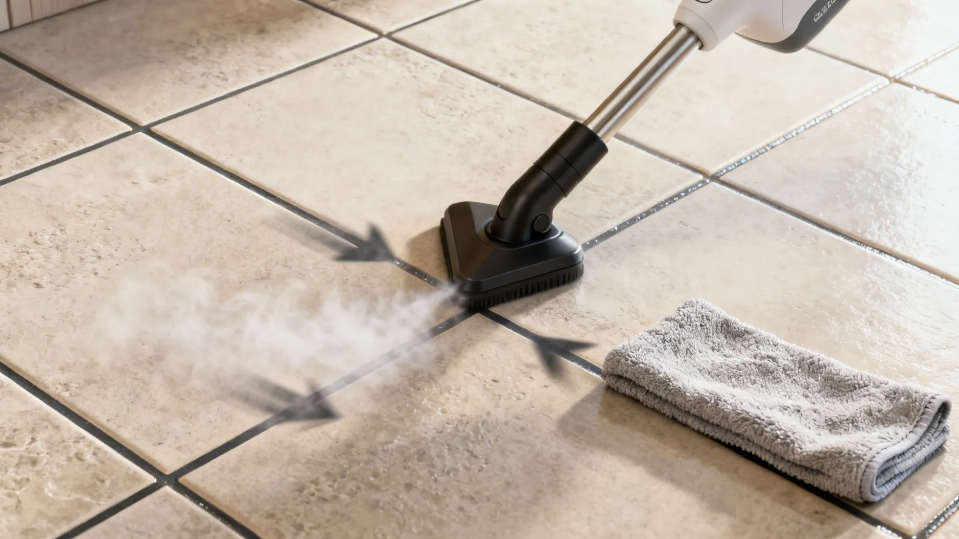 Top-down view of a steam nozzle moving along grout lines with a microfiber cloth following.