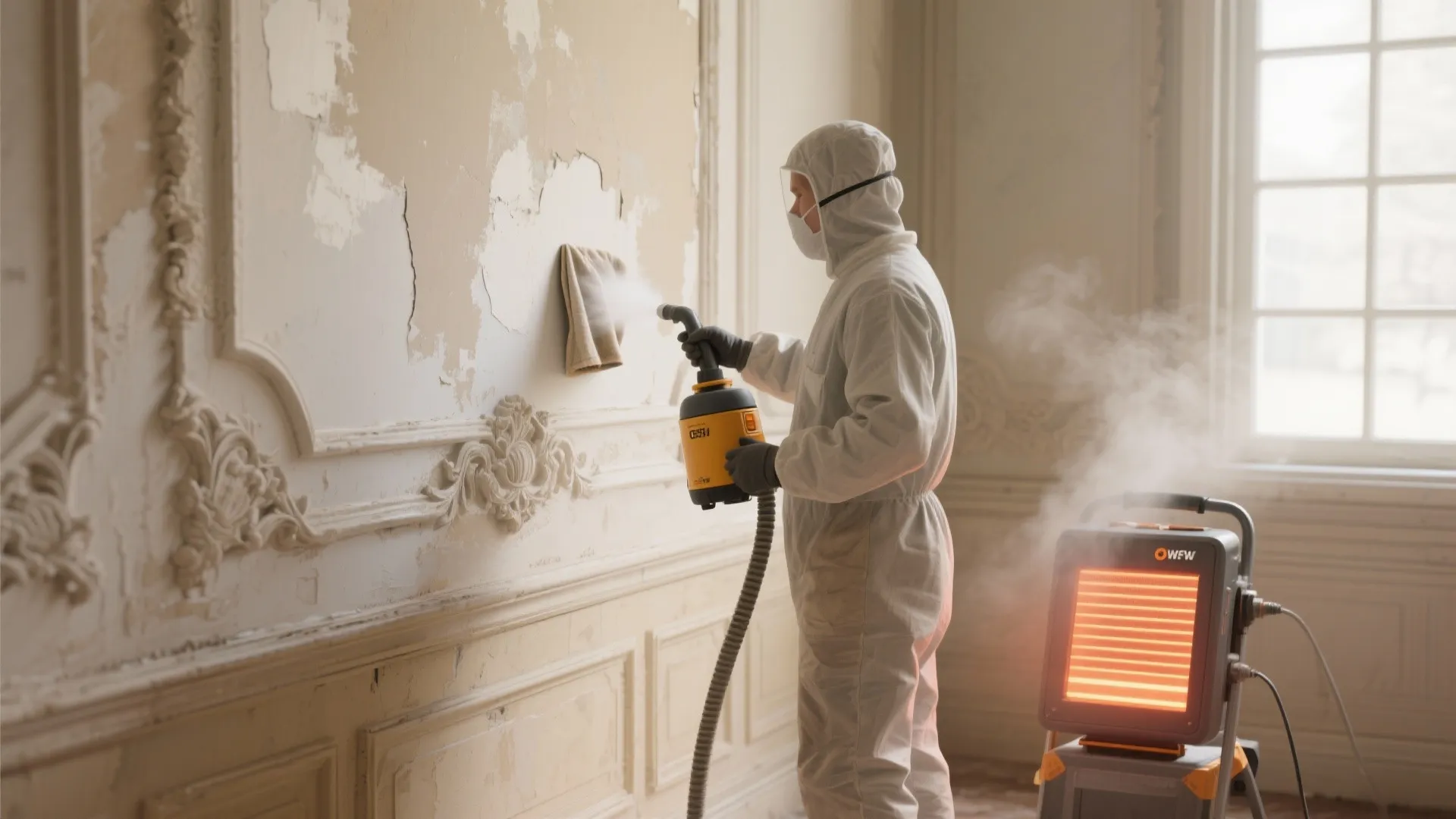 Professional worker using steam tool and heater to remove old paint from classic wall panel