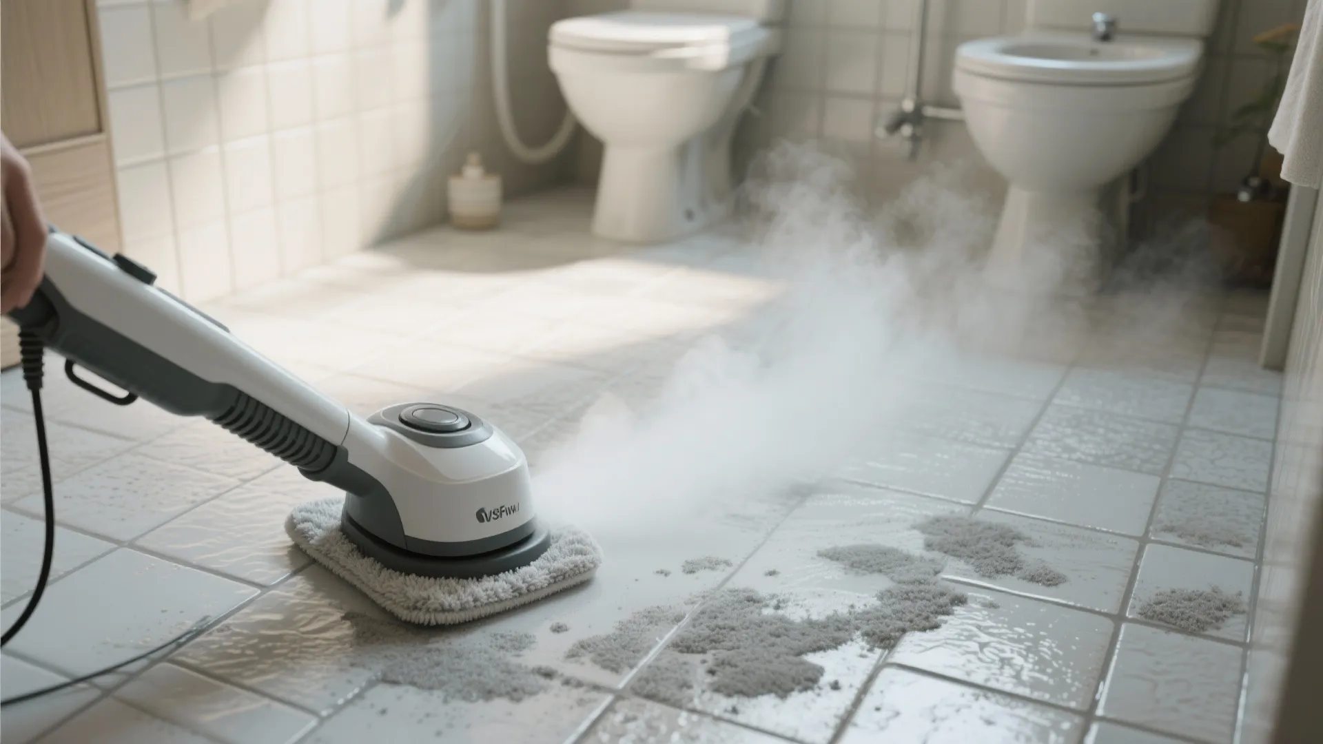 Steam cleaner with microfiber pad washing white bathroom floor tiles near two toilets and walls