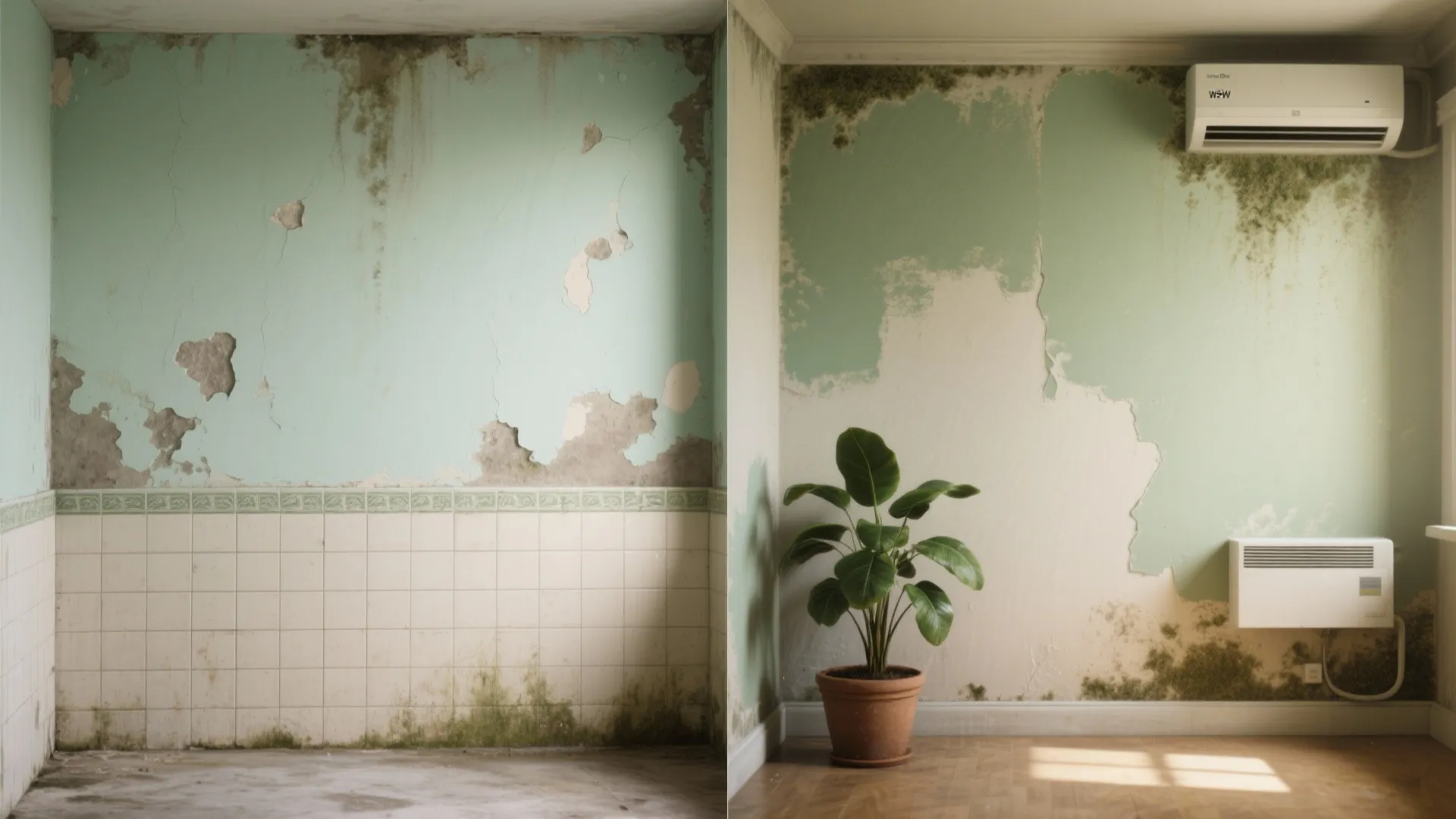 Before-and-after view: mouldy wall near tile before and the same wall cleaned, repainted and fitted with a dehumidifier after treatment.