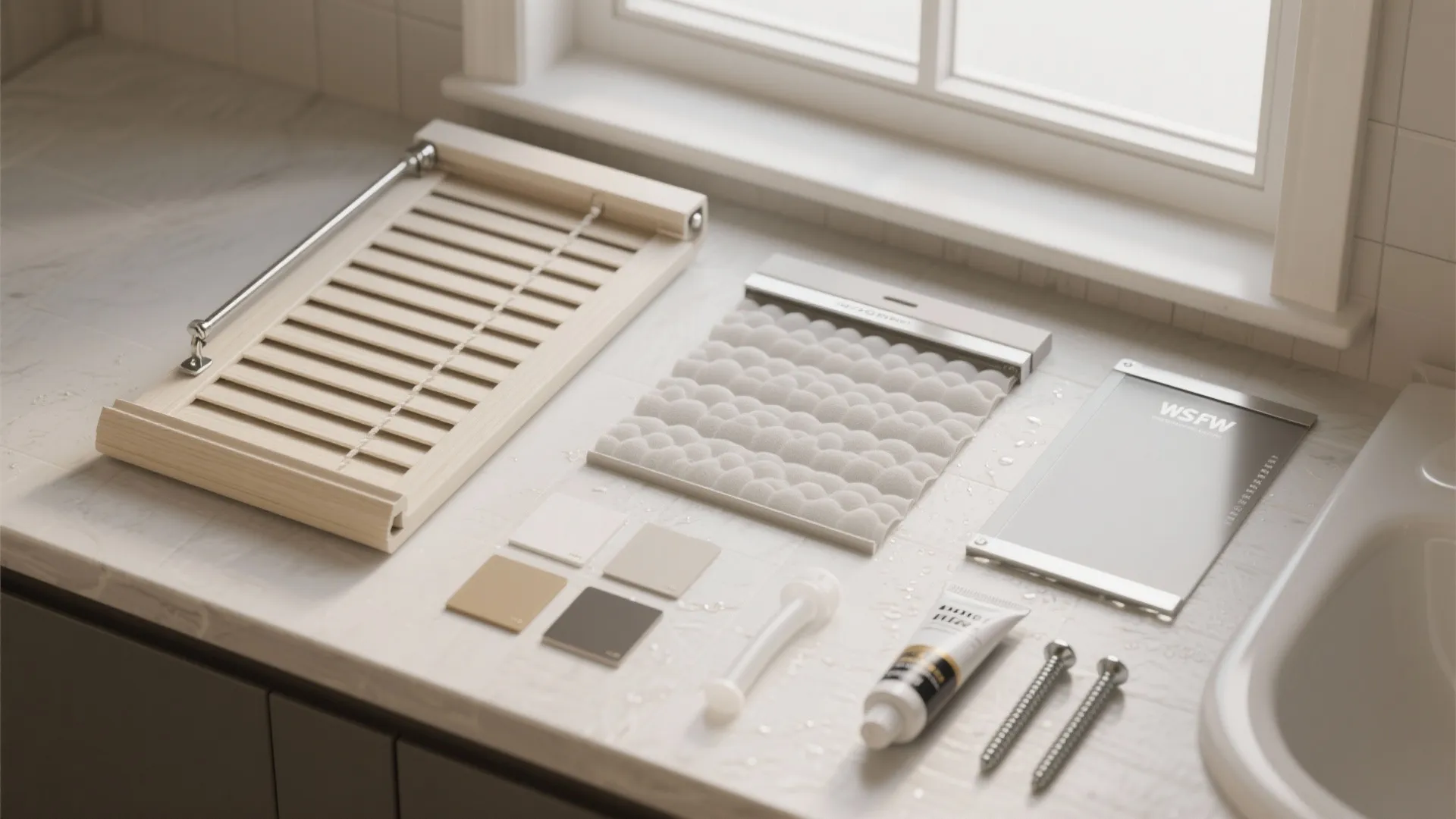 Various window installation parts and tools laid out on a white marble bathroom counter surface