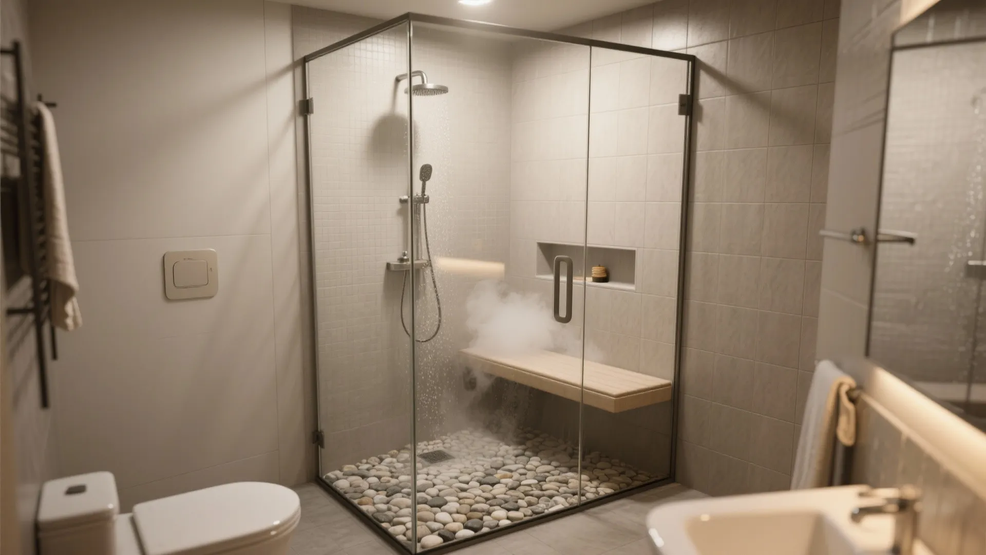 Frameless glass steam shower nook with bench and pebbled floor in a small bathroom.