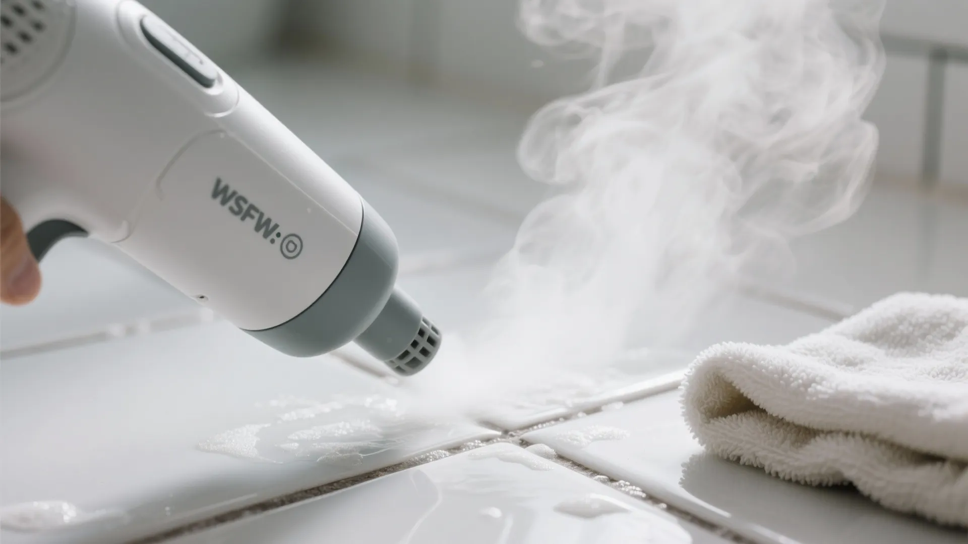 Macro view of a steam cleaner loosening residue on glazed tile and grout with a microfiber cloth ready to wipe.