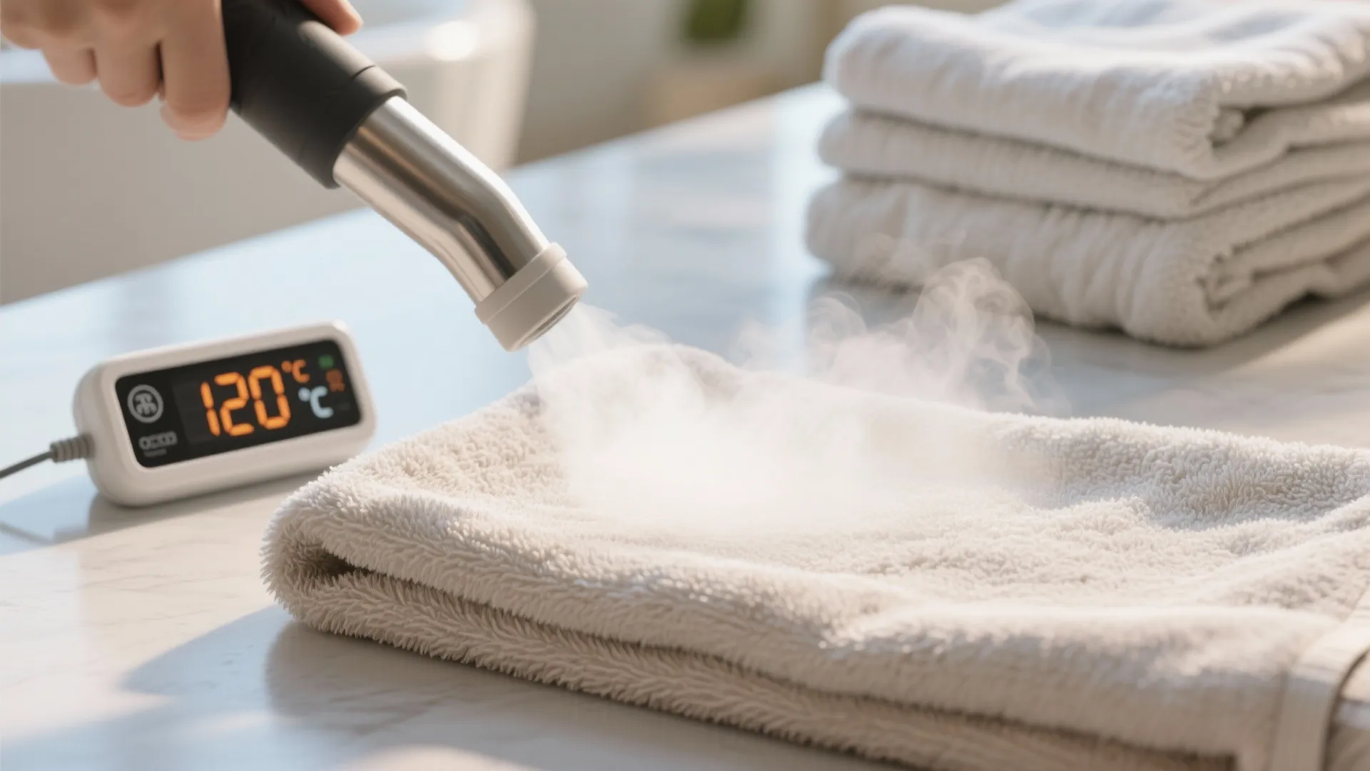 Handheld steam cleaner cleaning a white towel with hot steam and digital temperature display screen