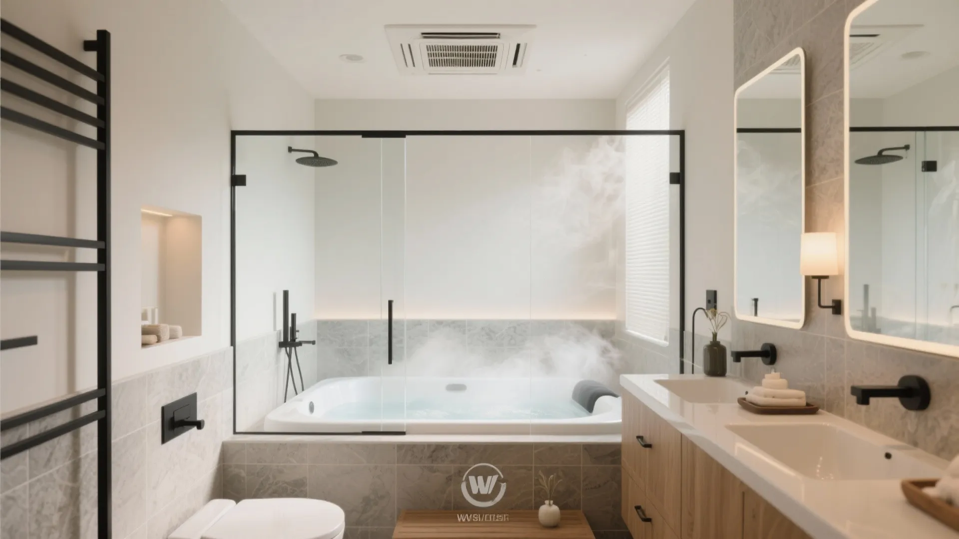 Modern bathroom with steam in glass shower, wooden cabinet, double sinks, and white ceiling light