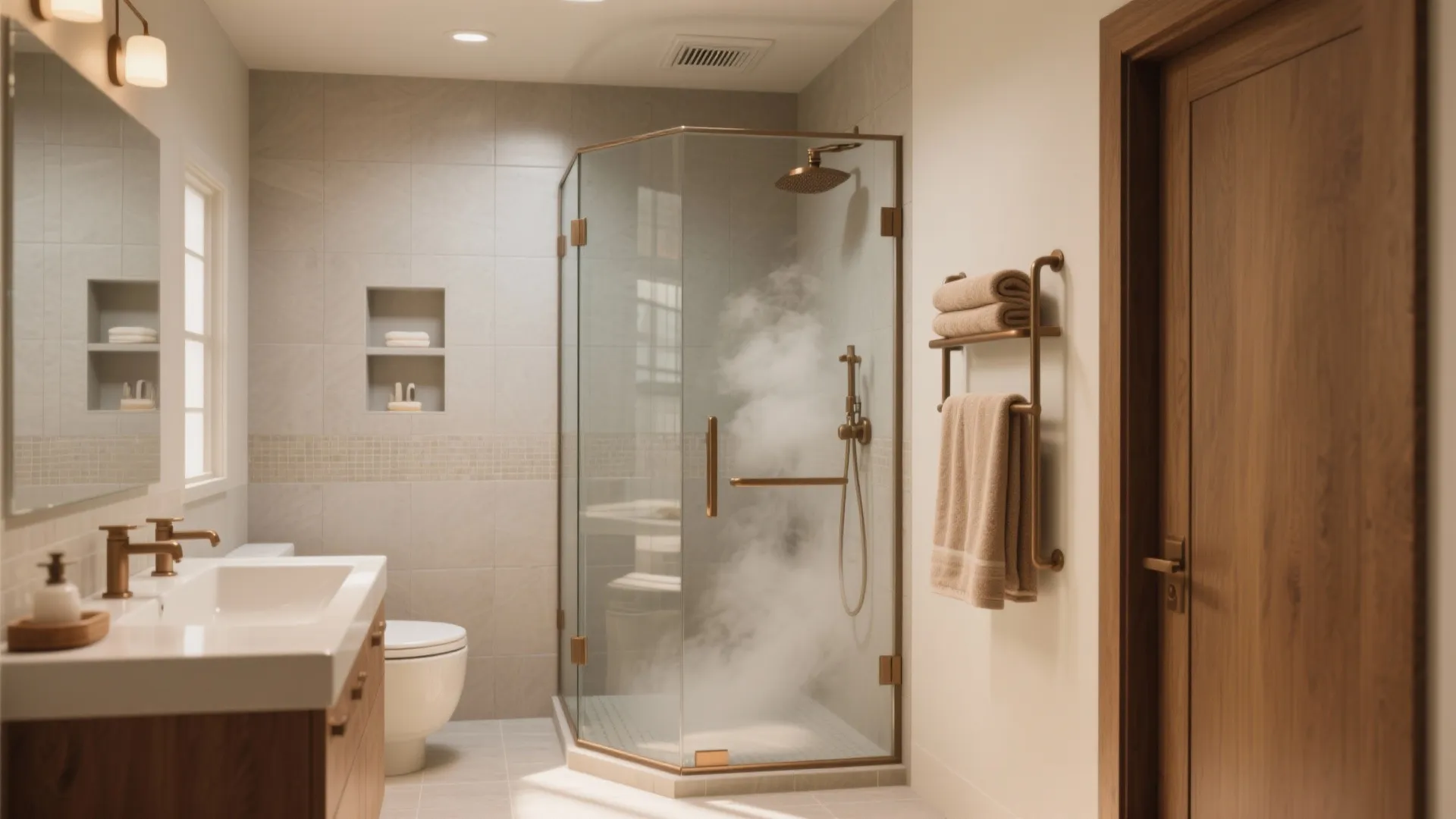 Spa bathroom with steam shower and zoned fans for faster dry-out.