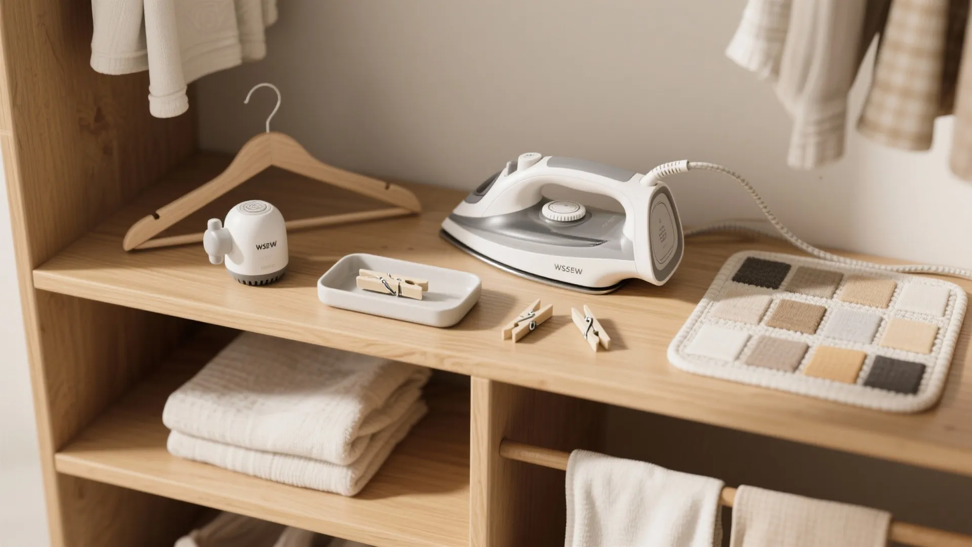 Wooden shelf with an iron small accessories folded towels and hanging clothes in laundry room