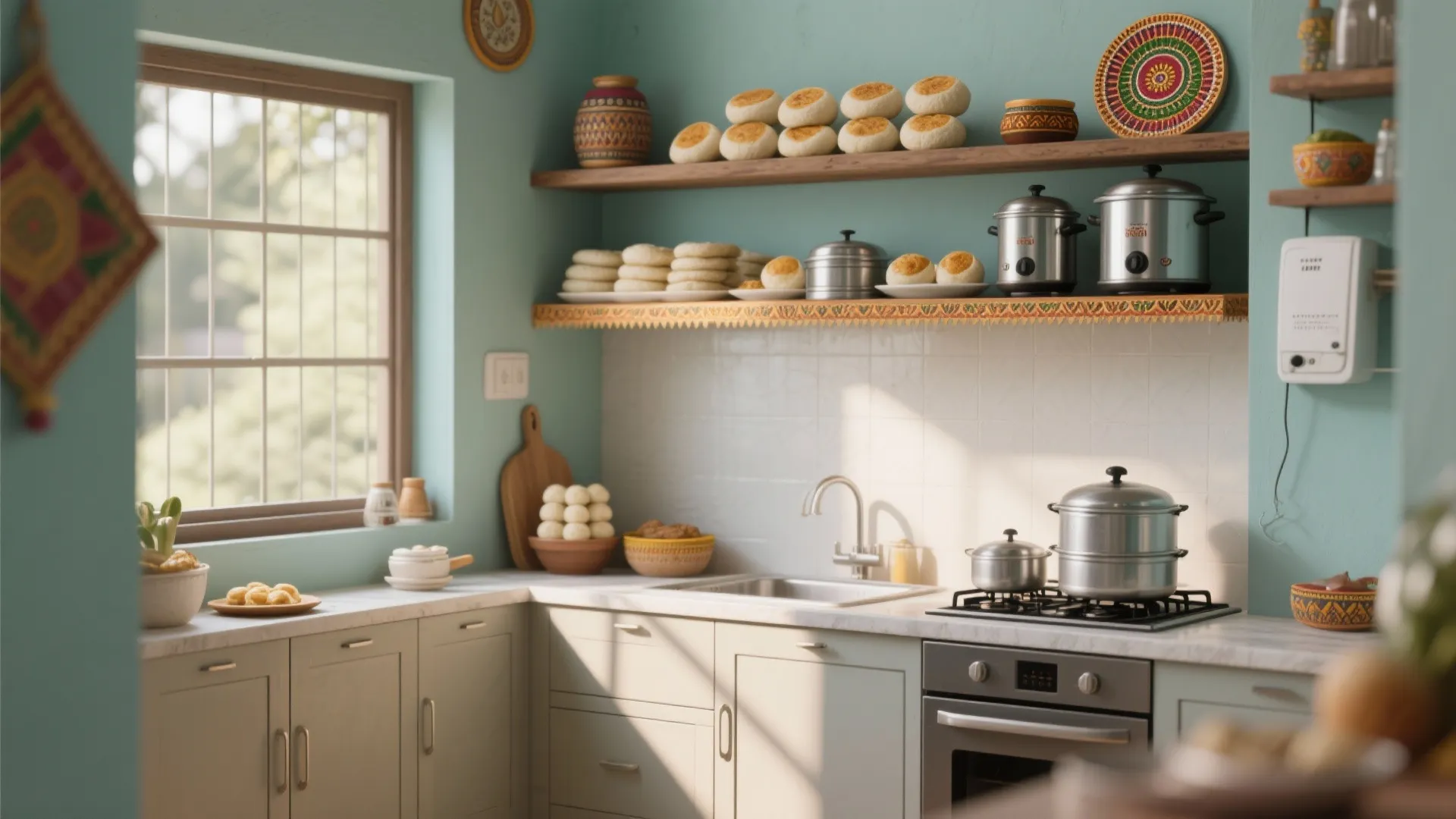 Integrated shelf above counter with idli and dhokla steamers