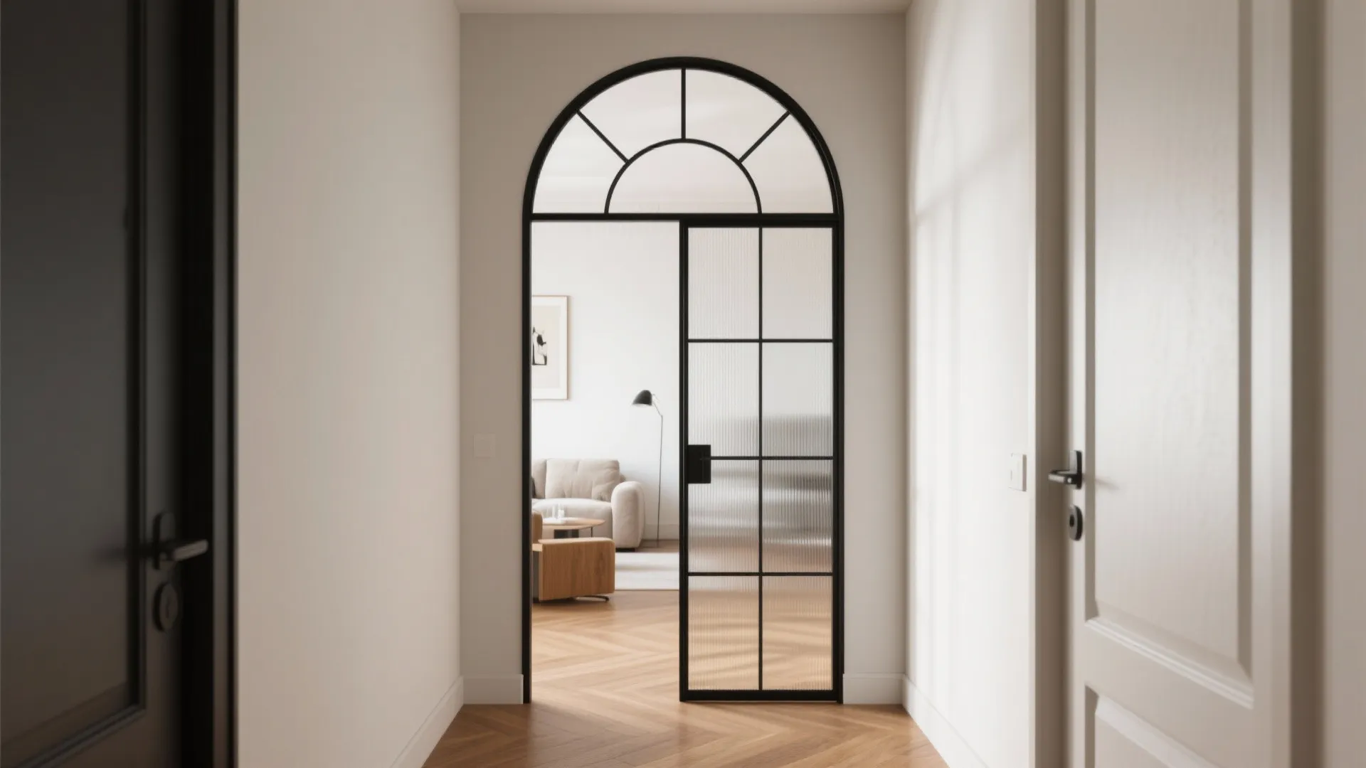 Black arched metal door with glass panes leading into a living room with neutral sofa