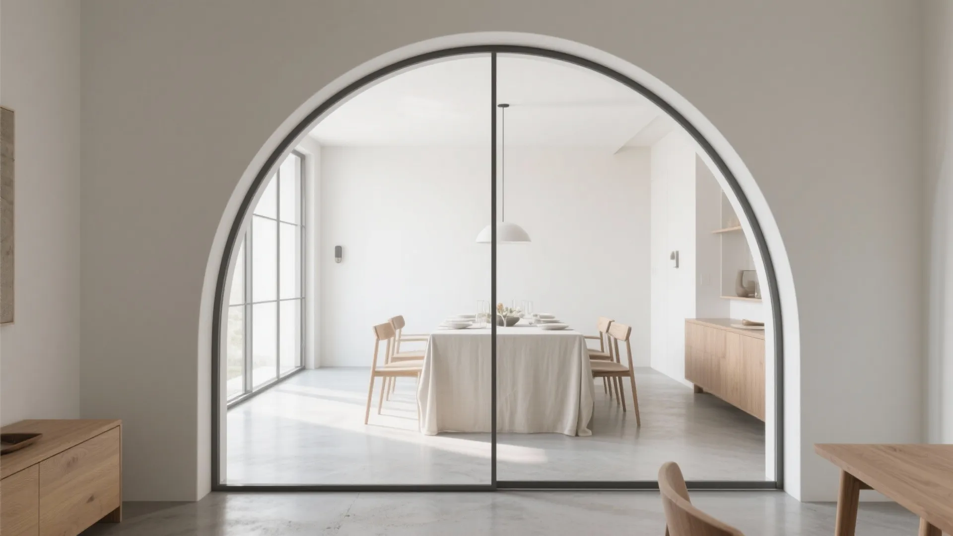 Thin Steel-Framed Arch Opening for Modern Minimalism