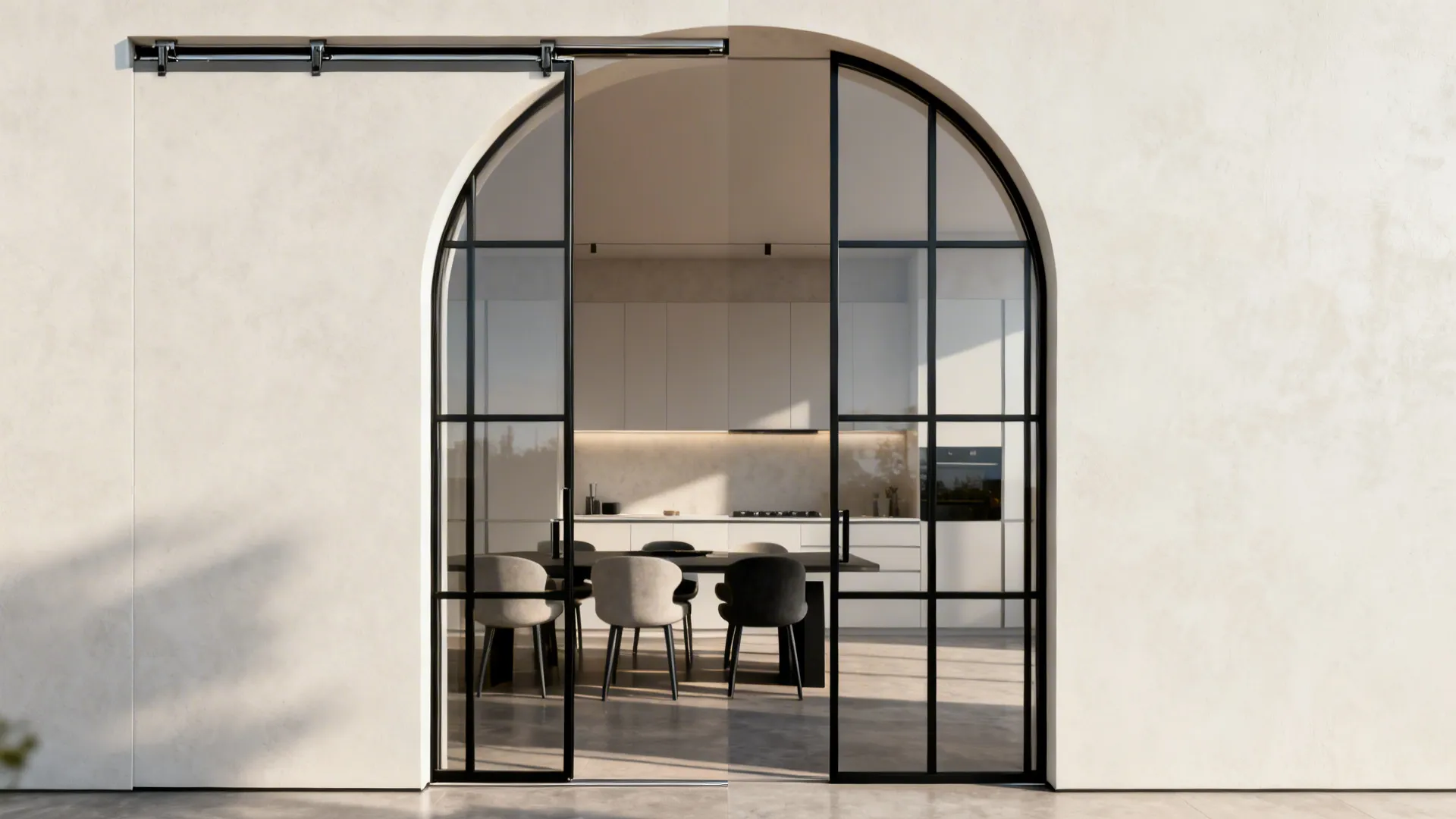 A steel-framed arched opening with a sliding glass pocket door shown open and closed to illustrate flexibility.