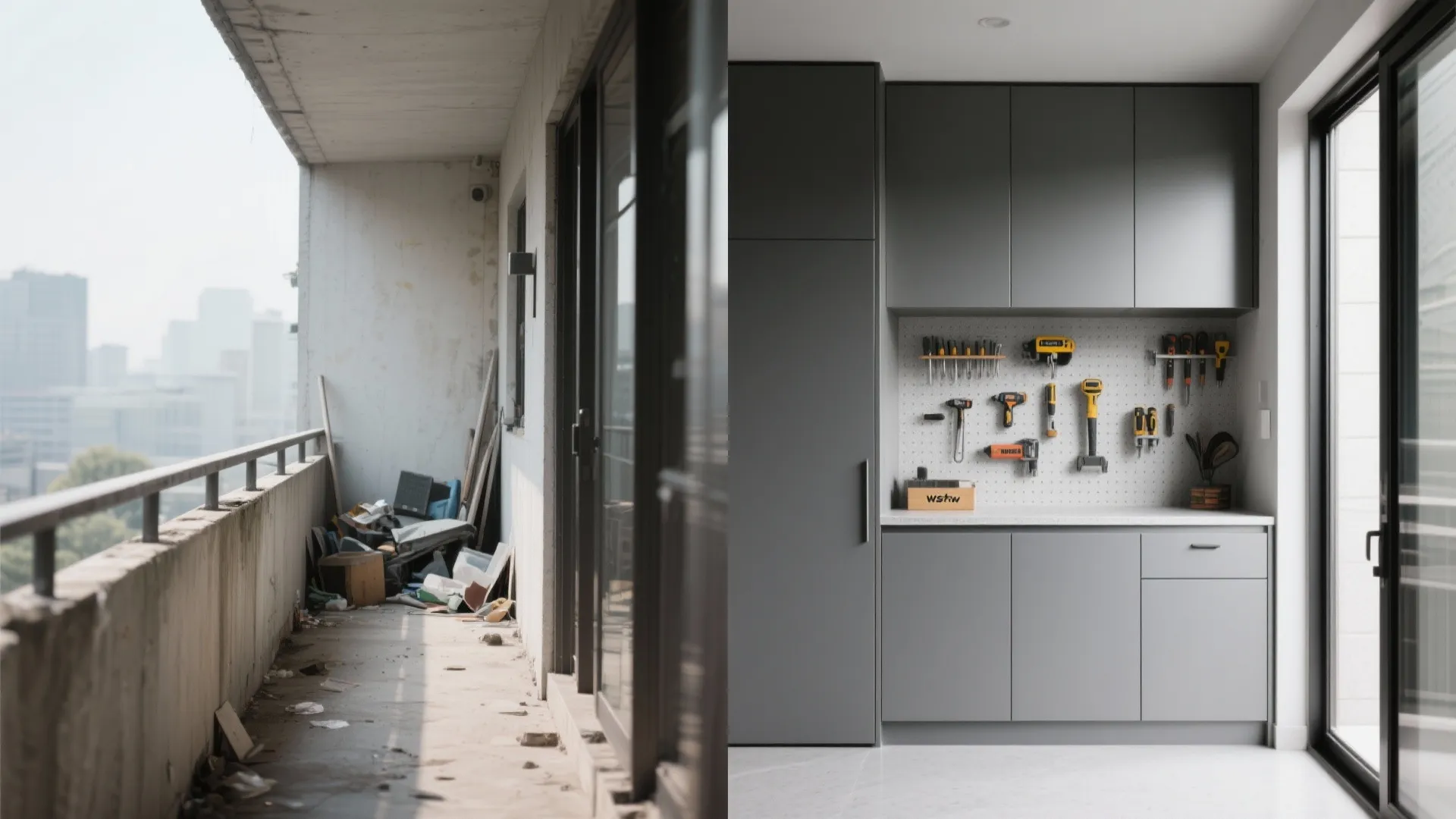 Before-and-after of a narrow balcony transformed with slim steel-frame microtop cabinets.