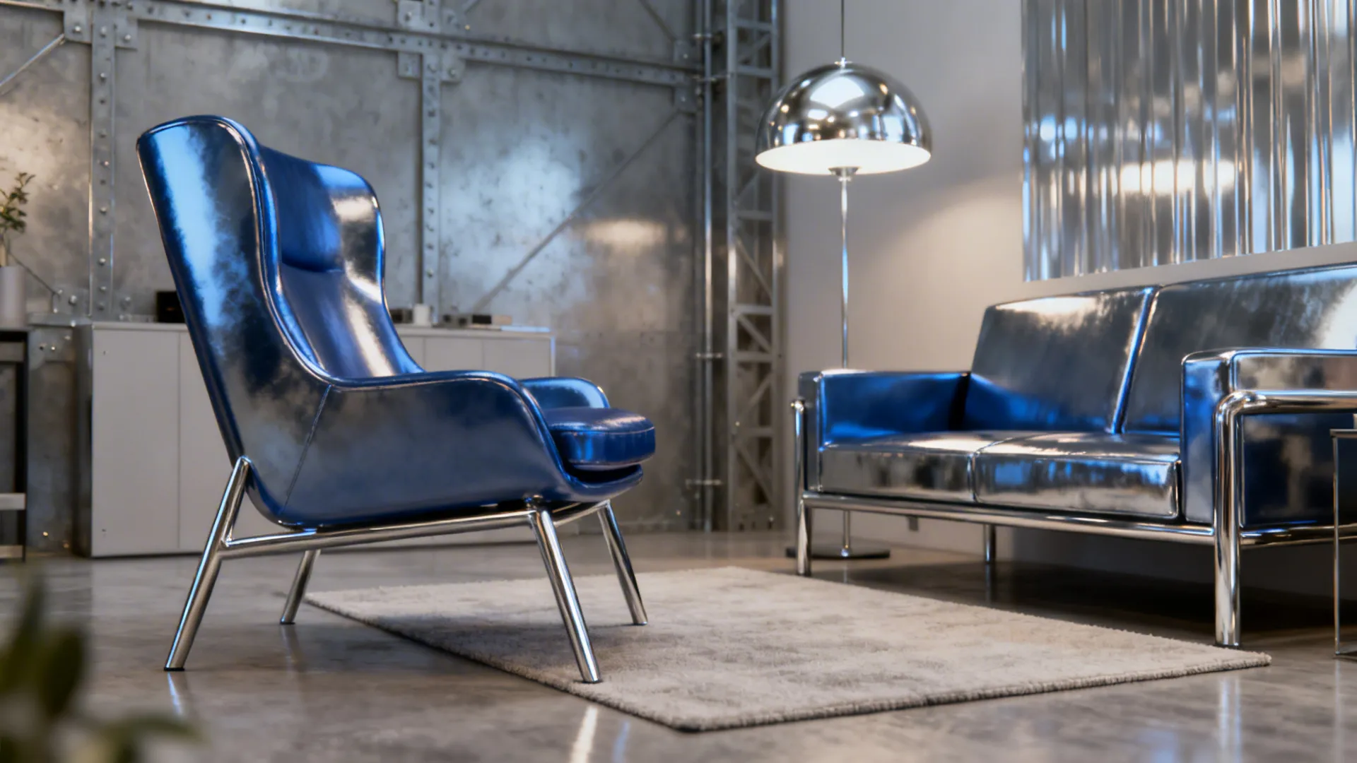 Steel blue chair paired with polished chrome lighting in a modern small living room.