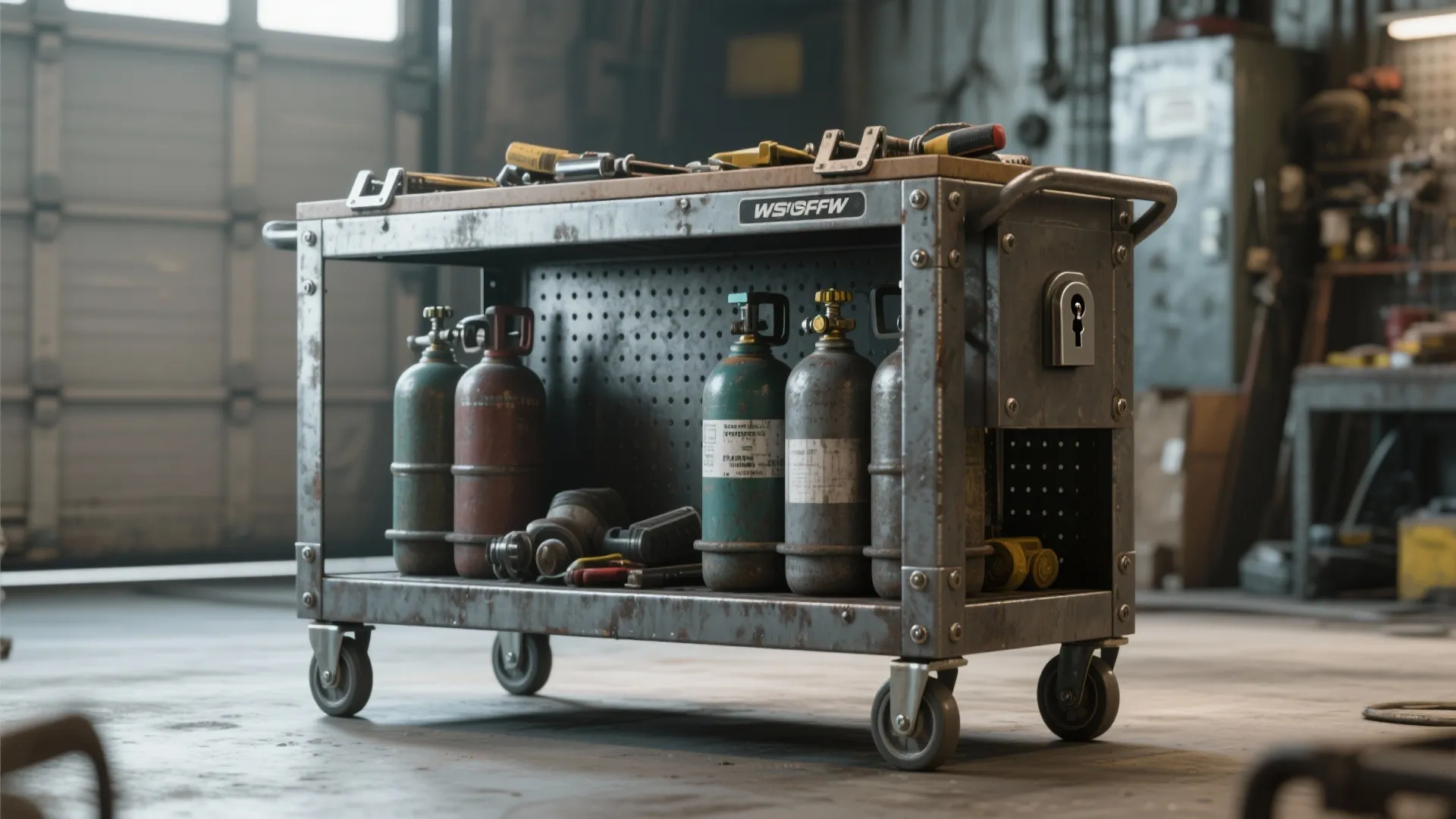 2. Rolling steel cart with lockable casters