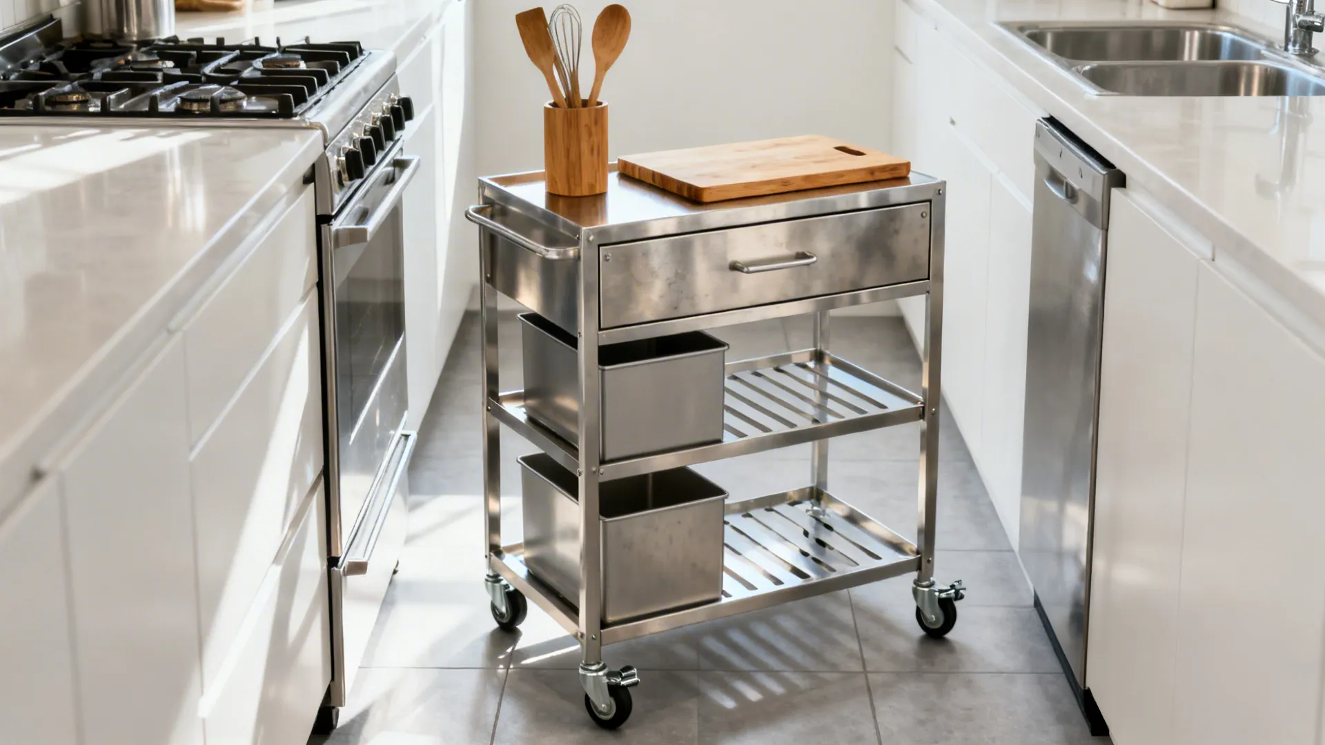 Minimalist brushed-steel kitchen trolley with hidden bins and ventilated shelves in a galley kitchen.