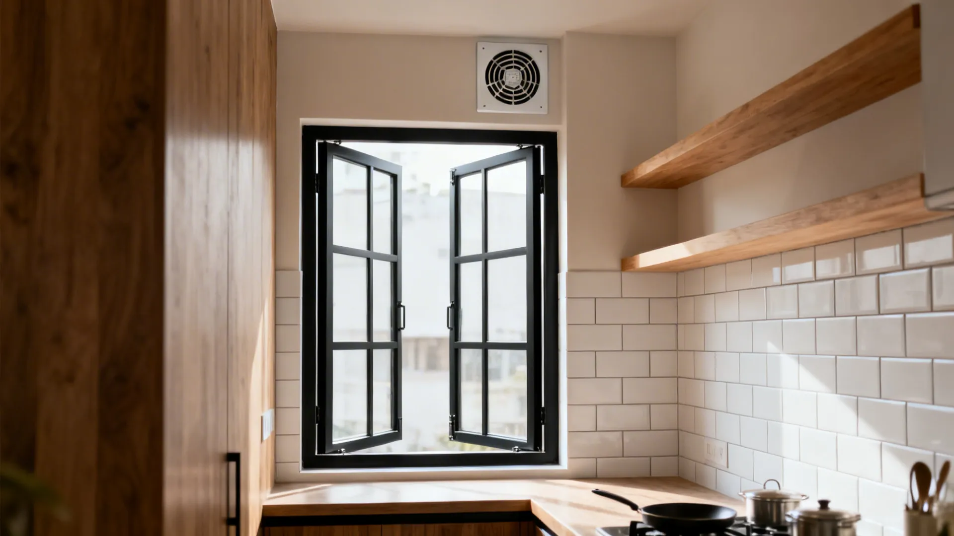 Steel-framed casement window with an integrated top-corner exhaust fan in a compact kitchen.