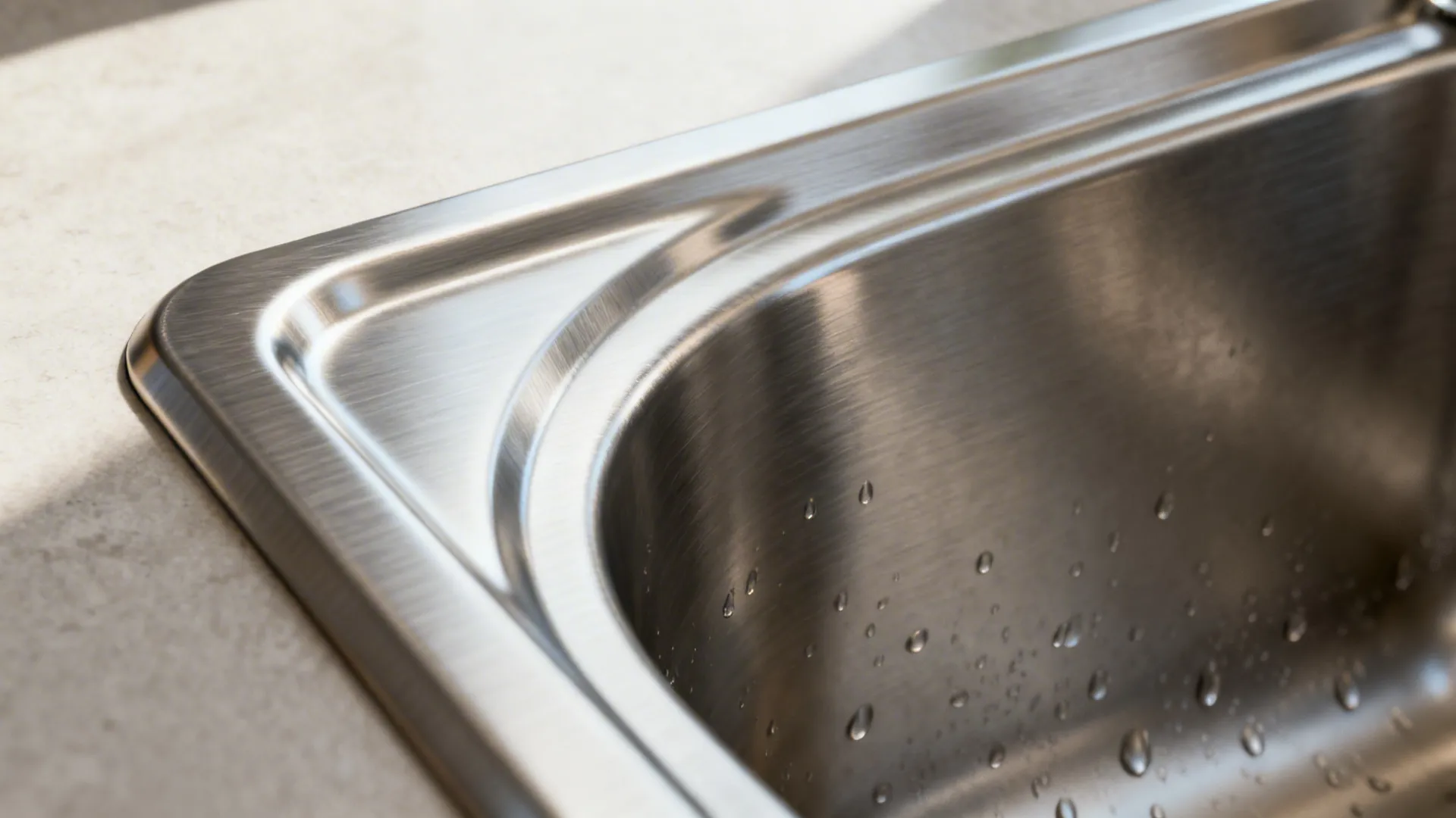 Macro of brushed stainless steel micro-radius corner with fine grain and gentle highlights.