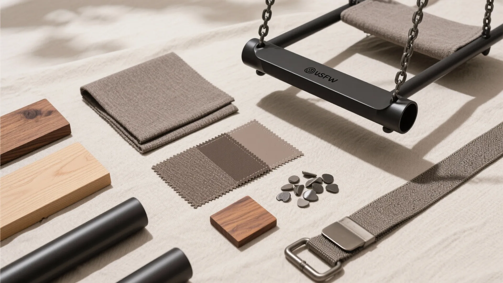 Interior design material samples including wood blocks fabric swatches metal parts and a grey strap