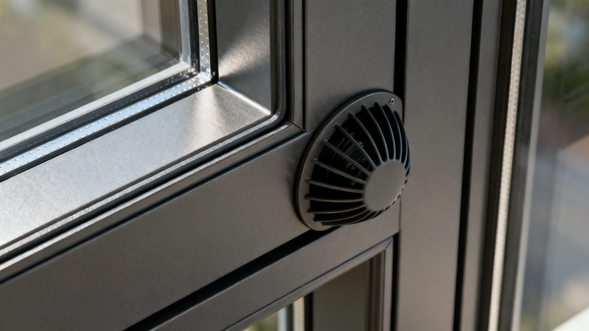 Macro of steel window corner showing powder-coated finish and integrated fan shroud.
