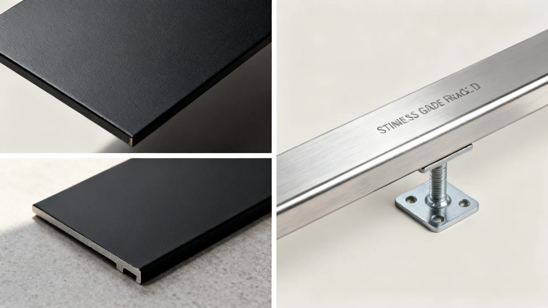 Macro details of powder-coated steel, brushed stainless, and anchored rail showing durable finishes.