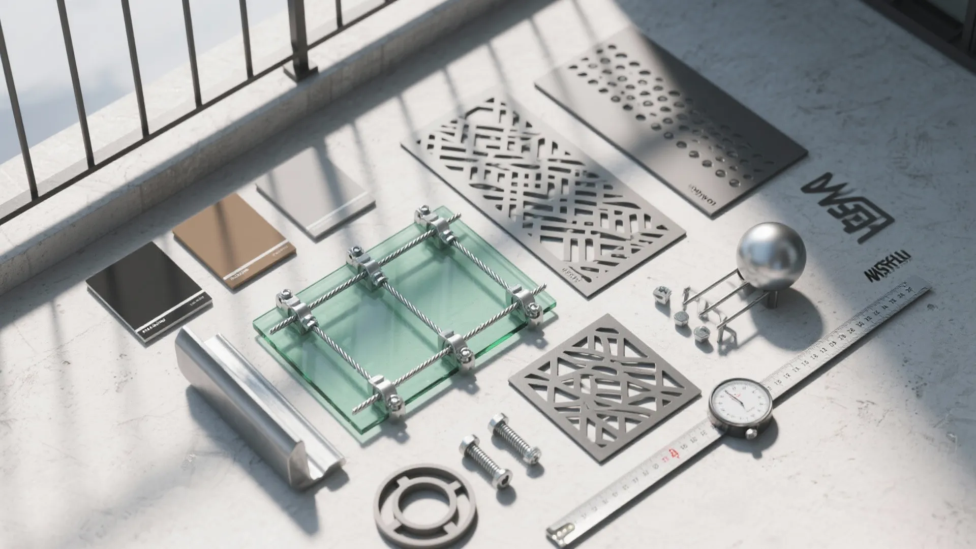 Top-down flatlay of steel finishes, glass sample, stainless cable fittings, perforated and laser-cut panel coupons on concrete