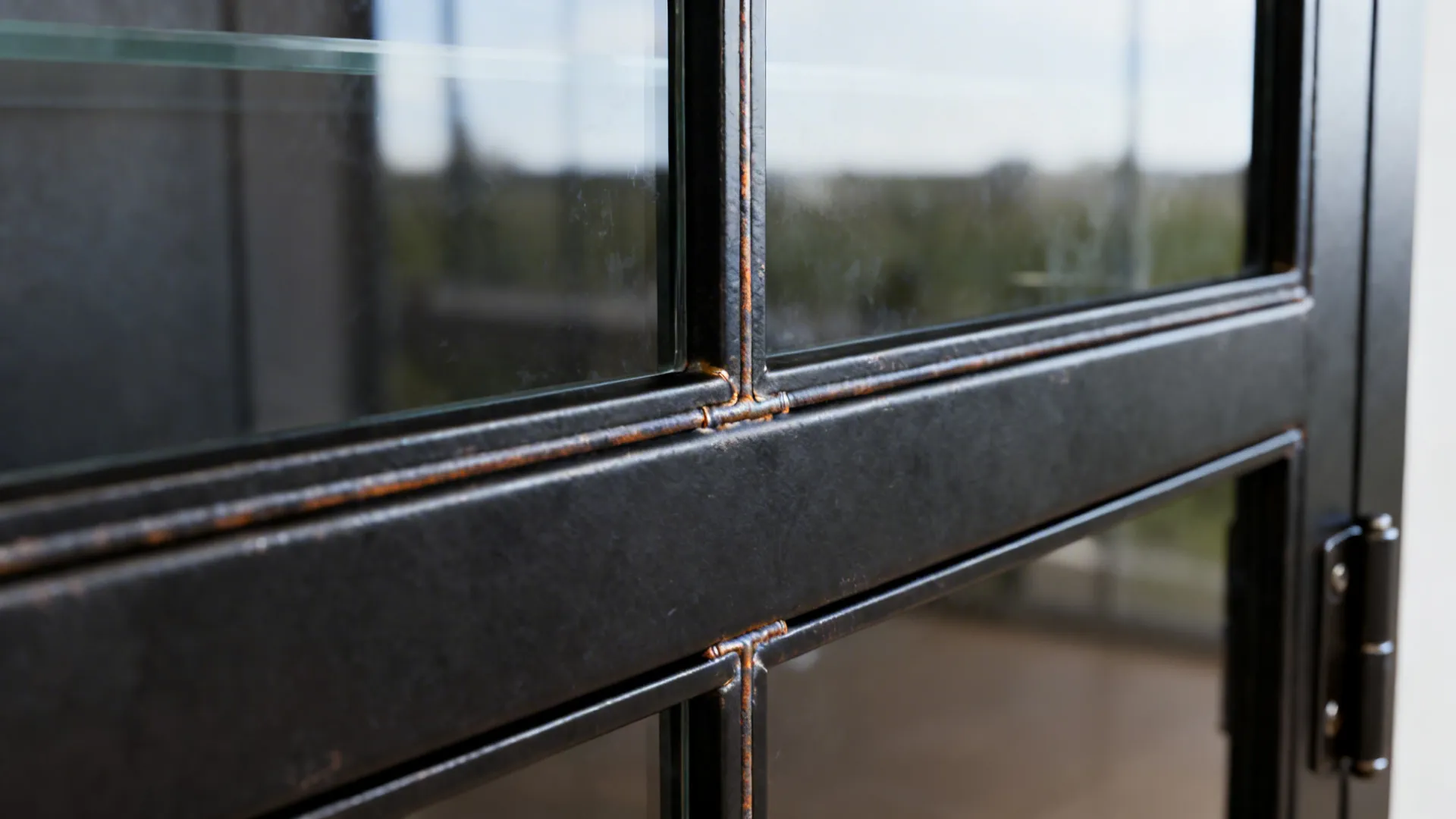 Macro of black steel cabinet mullions framing clear tempered glass.