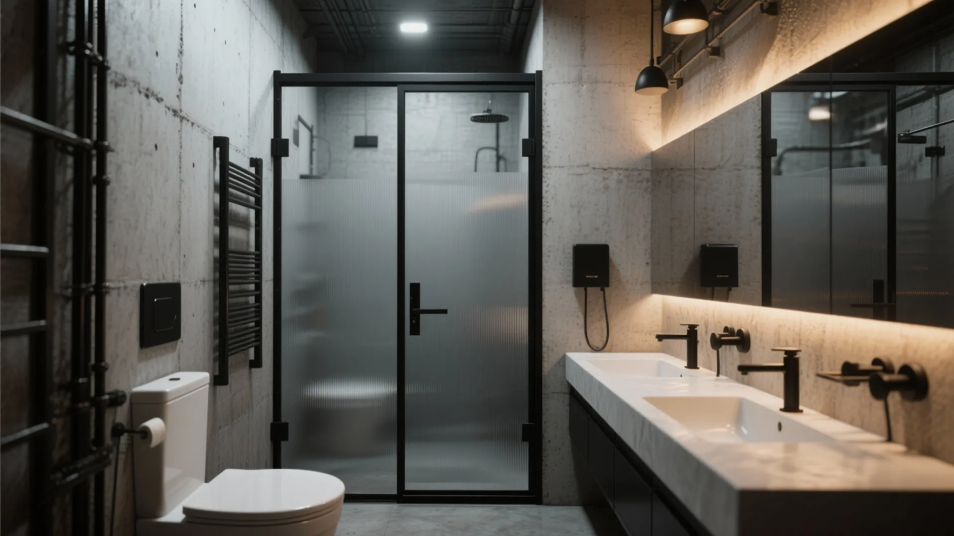 Industrial bathroom with concrete walls black metal glass door double sink and lighted wall mirror
