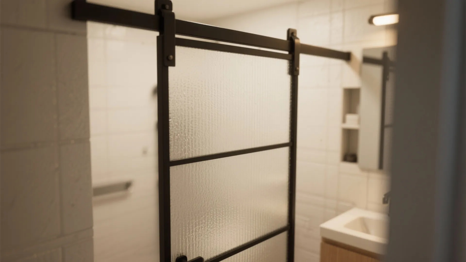 Modern bathroom featuring black metal frame sliding door with frosted glass and white tiled walls