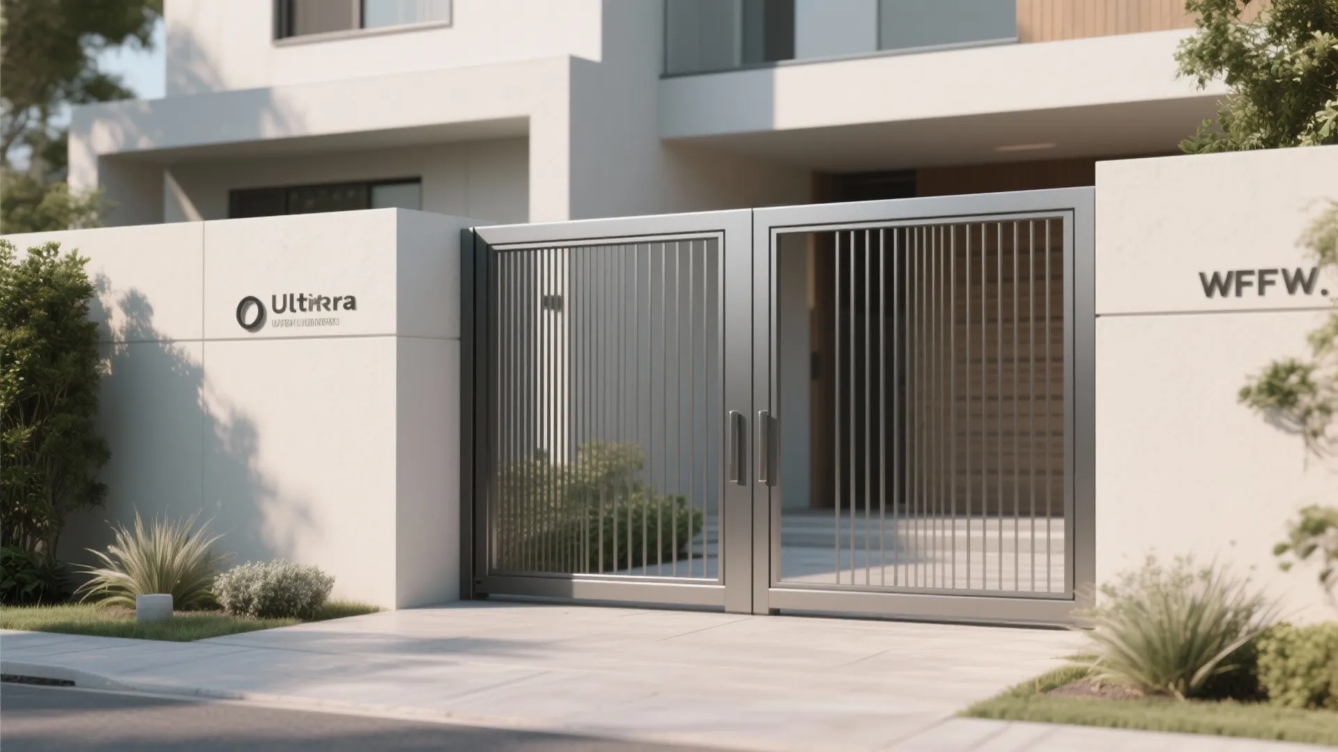 Grey metal gate with thin vertical bars between white stone walls for a modern house entrance