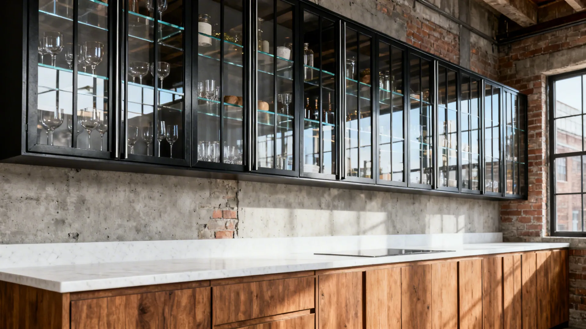 Loft-style kitchen with black steel-framed clear glass upper cabinet doors.