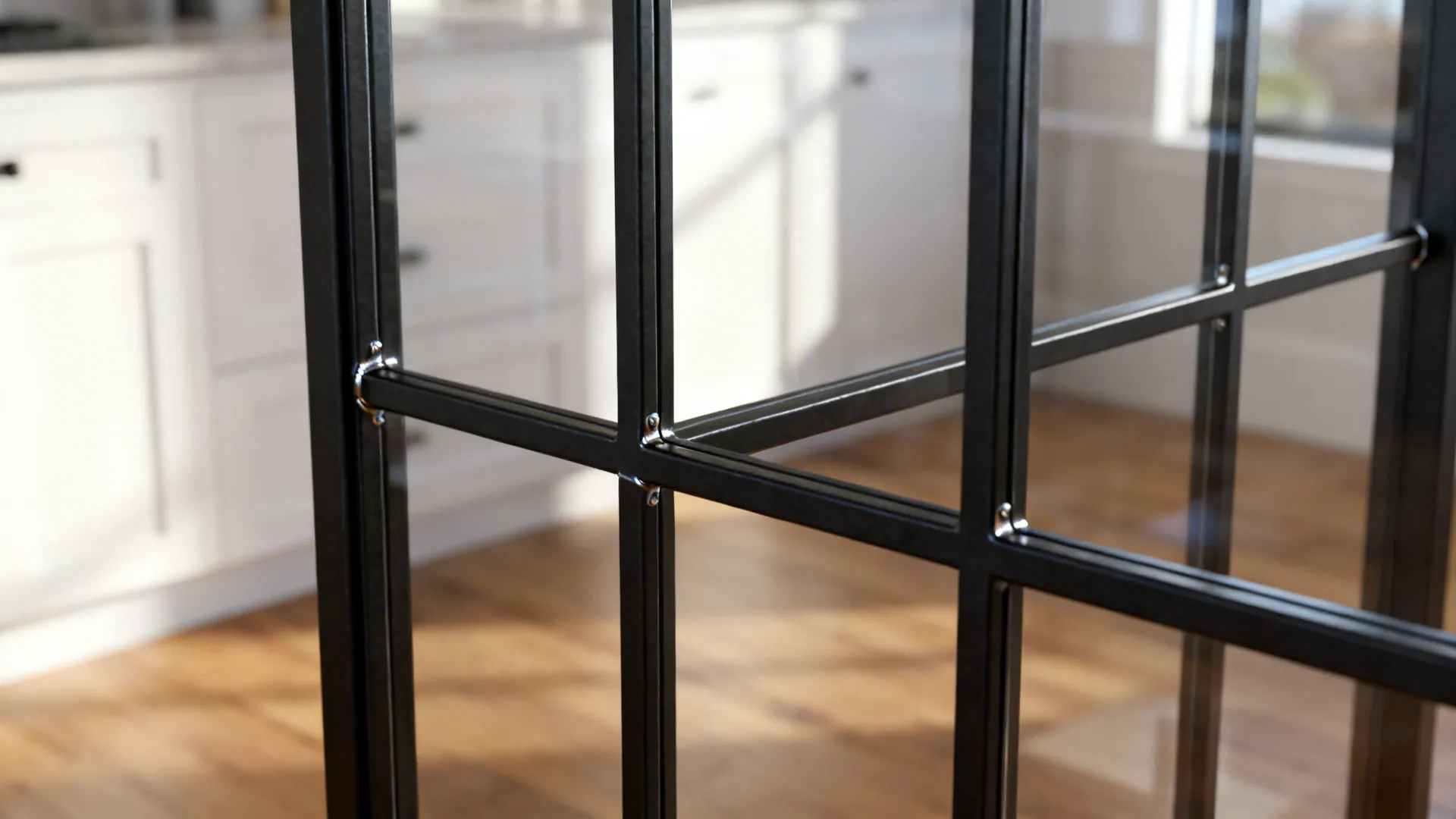 Macro detail of black steel frame and tempered glass grid with refined finish in soft light.