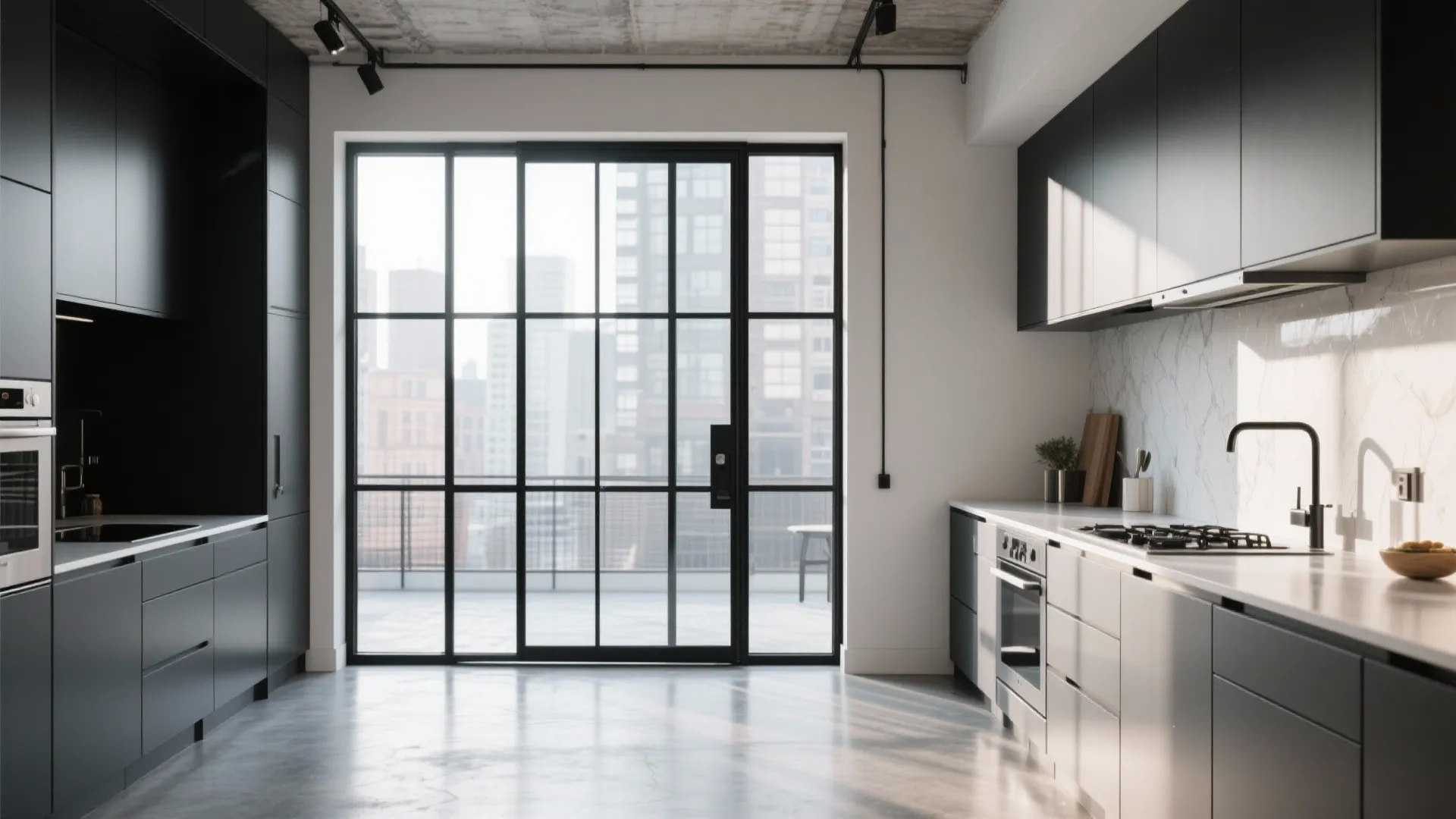 Modern kitchen with black cabinets white counters and a large metal frame glass sliding door