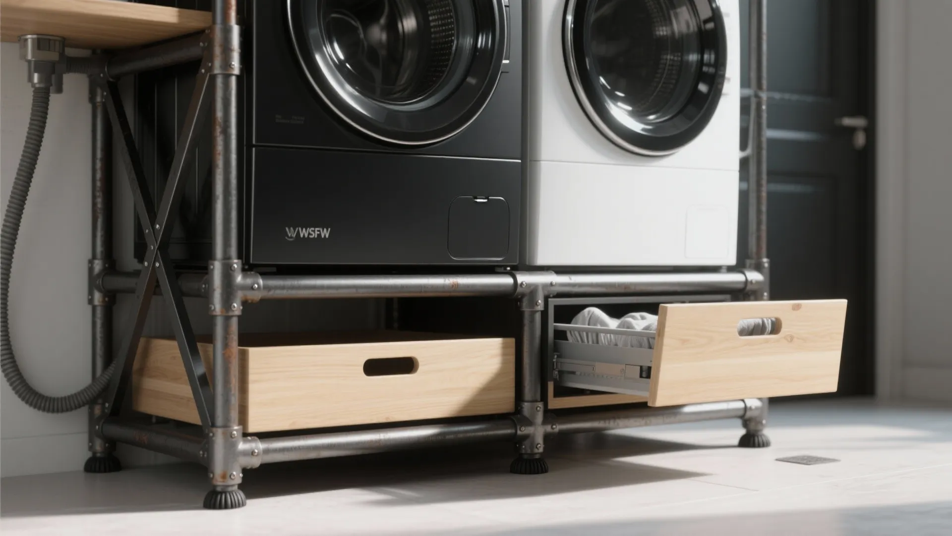 Modern laundry room featuring washing machines on a metal frame with wooden storage pull-out drawers
