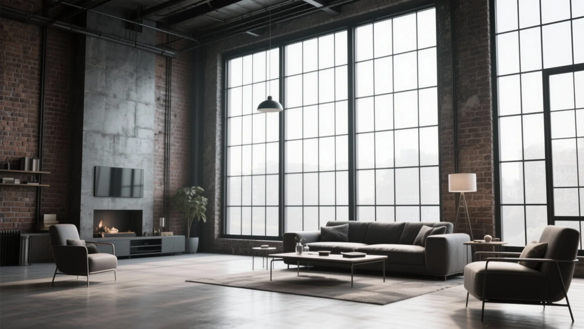 Industrial living room with red brick walls and large black steel frame windows and furniture