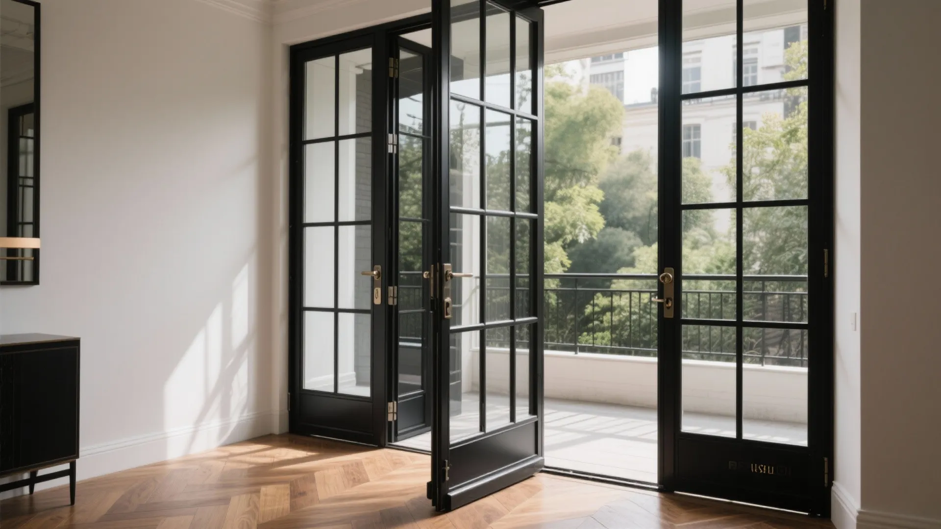 Empty room with wood floors and black metal frame glass doors opening onto a balcony
