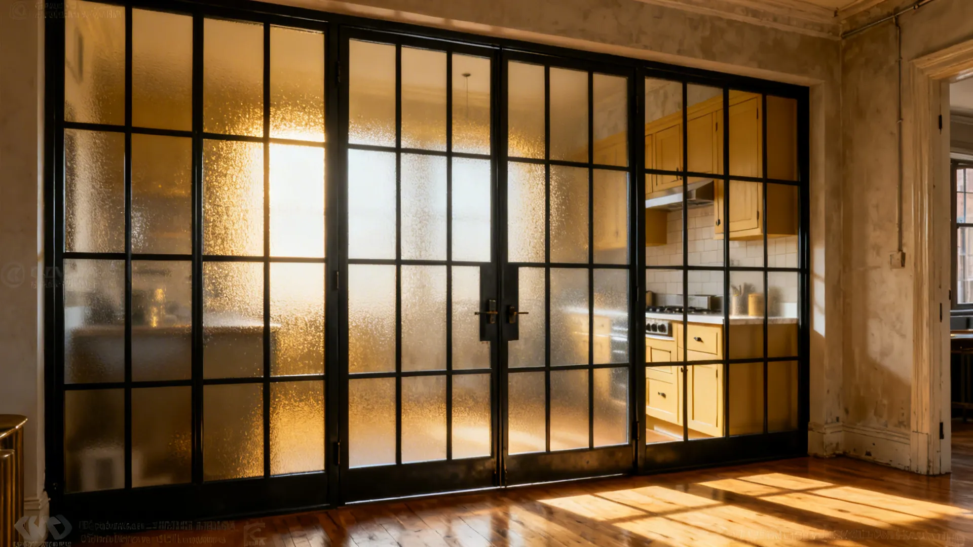 Slim steel-framed French door with frosted lites adding character between rooms.