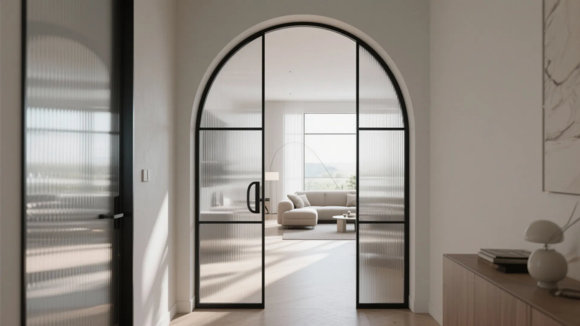 Transparent zoning with a steel-and-glass arched screen