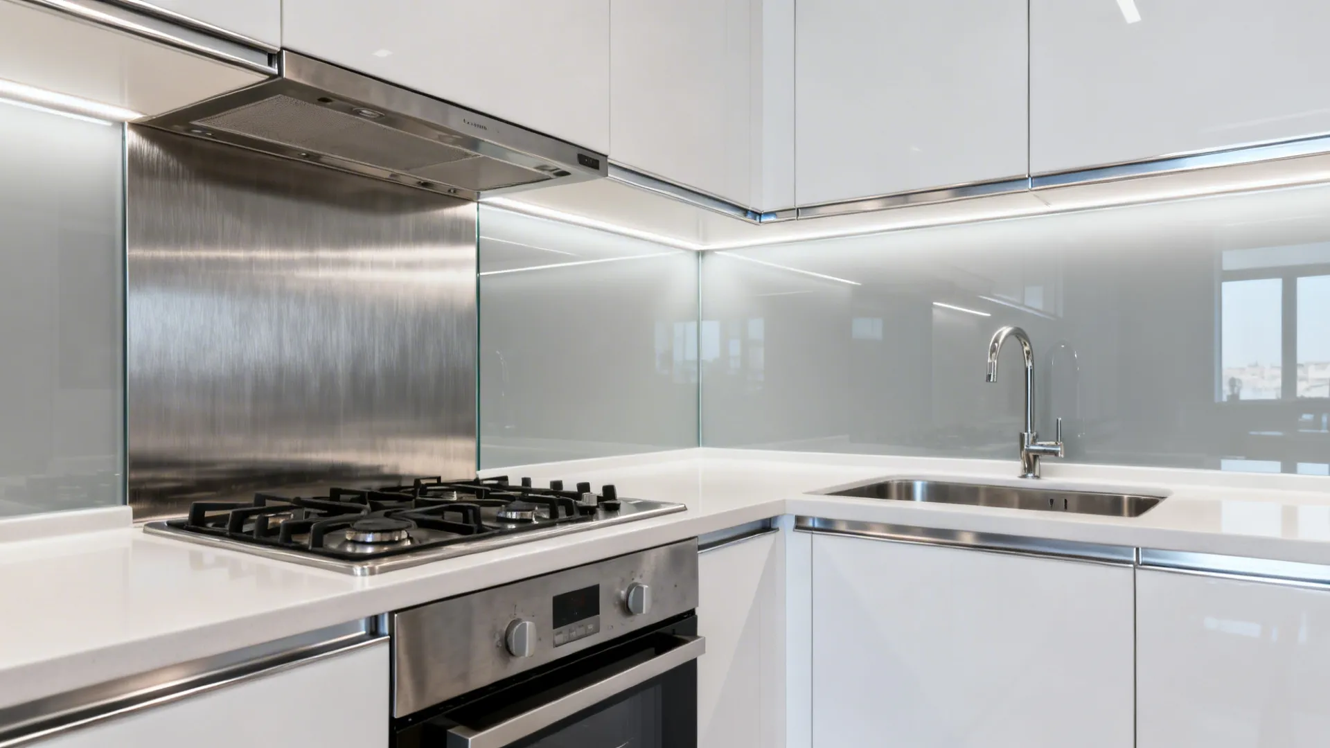 Small kitchen with brushed stainless behind the range and pale gray back-painted glass at the sink.