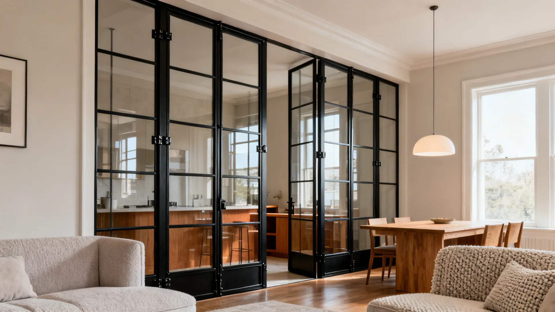 Full-height steel and glass French doors divide a soft-toned living room from a warm oak dining nook.
