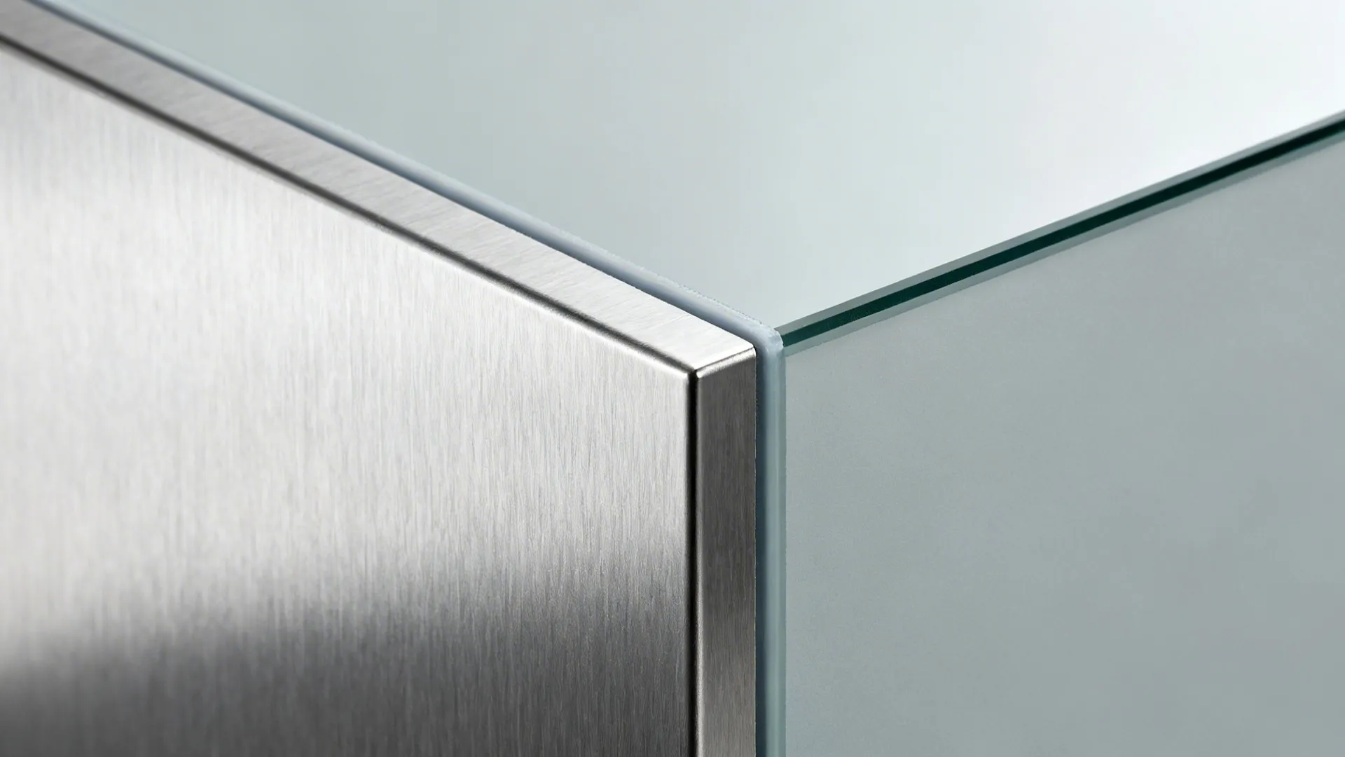 Macro of a thin metal profile joining brushed stainless and back-painted glass backsplashes.