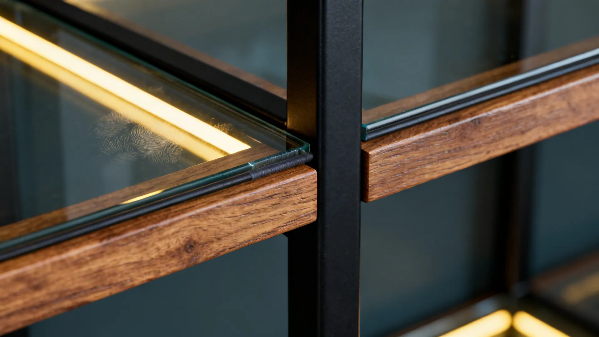Close-up of a black steel frame meeting low-iron tempered glass beside an oak shelf edge.