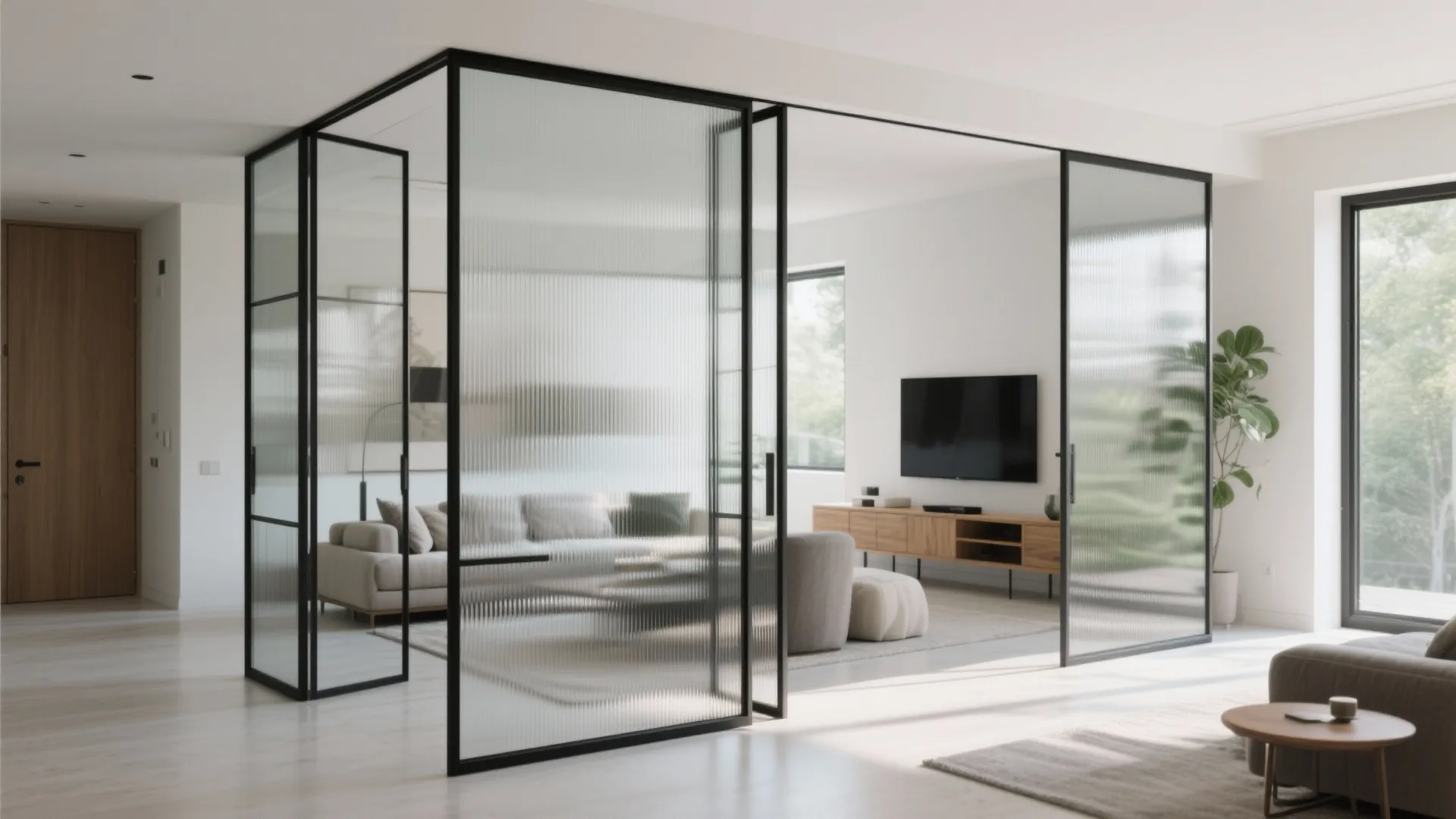 Minimalist living room with black steel frame glass partitions grey sofa wooden cabinet and plant
