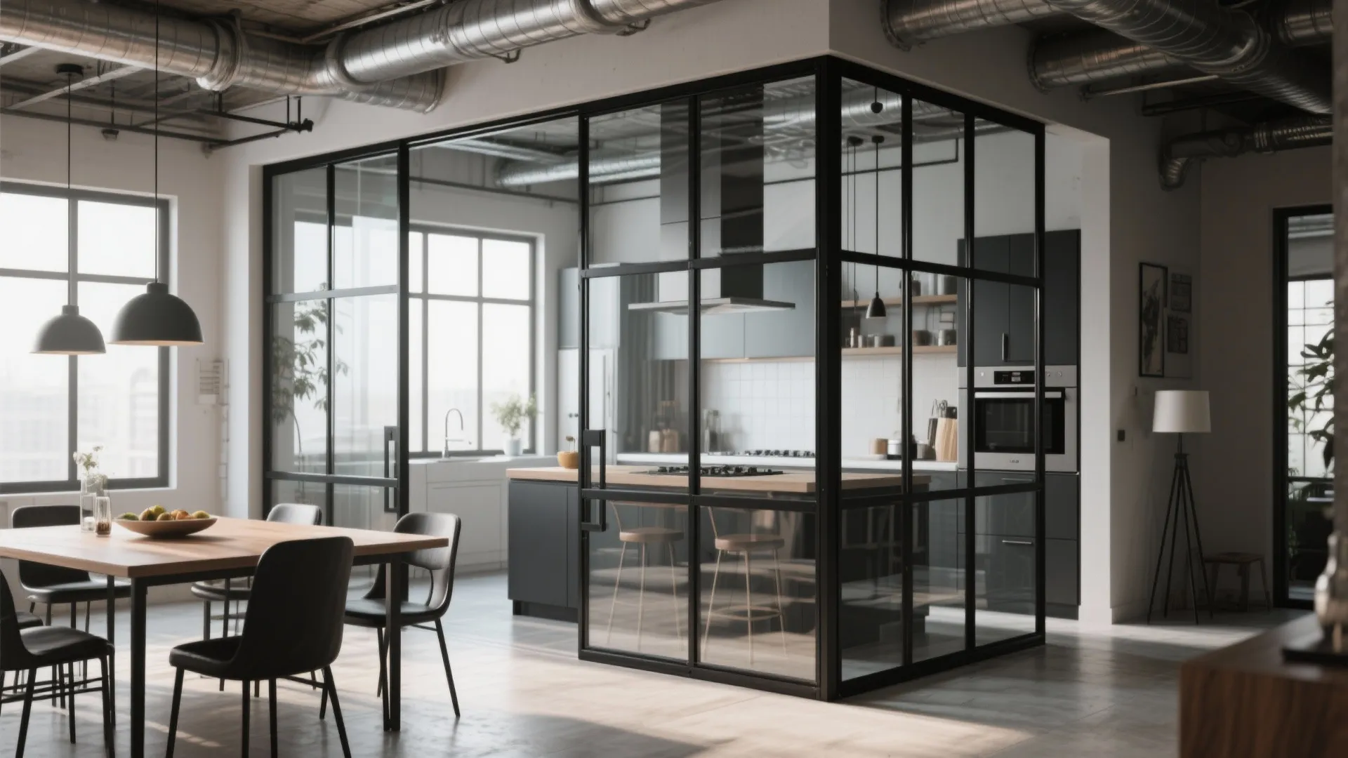 Modern industrial kitchen with glass partition wall, wood dining table, black chairs and ceiling pipes